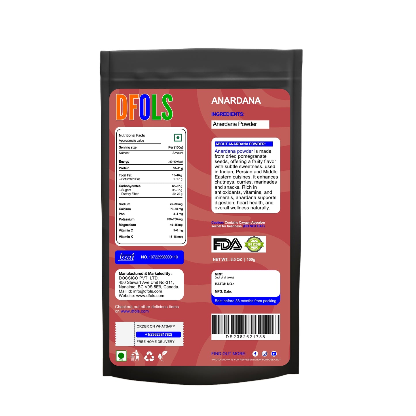 Organic Anardana Powder | Pure & Natural Ground Pomegranate Seeds | Tangy Spice for Cooking, Chutneys, Gravies & Snacks | Enhances Flavor | No Preservatives | Kitchen Essential - DFOLS