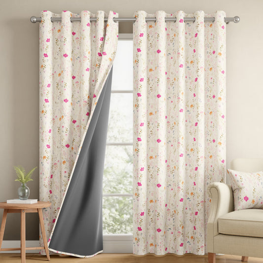 DFOLS Splash Beige Blackout Curtains – Double Layer Floral Curtain Set