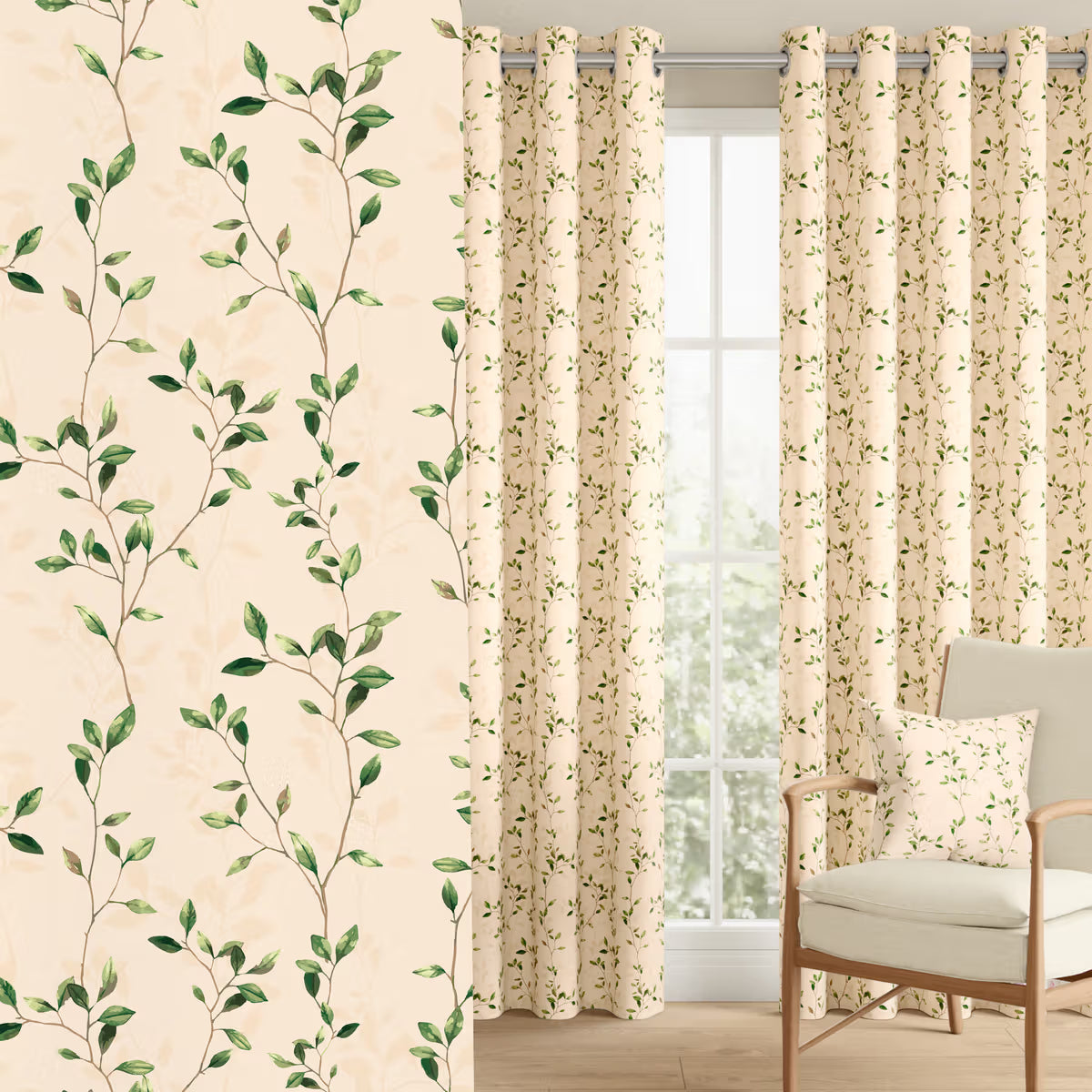 DFOLS Leafline Beige Printed Curtains – Elegant Light Filtering Curtain Set