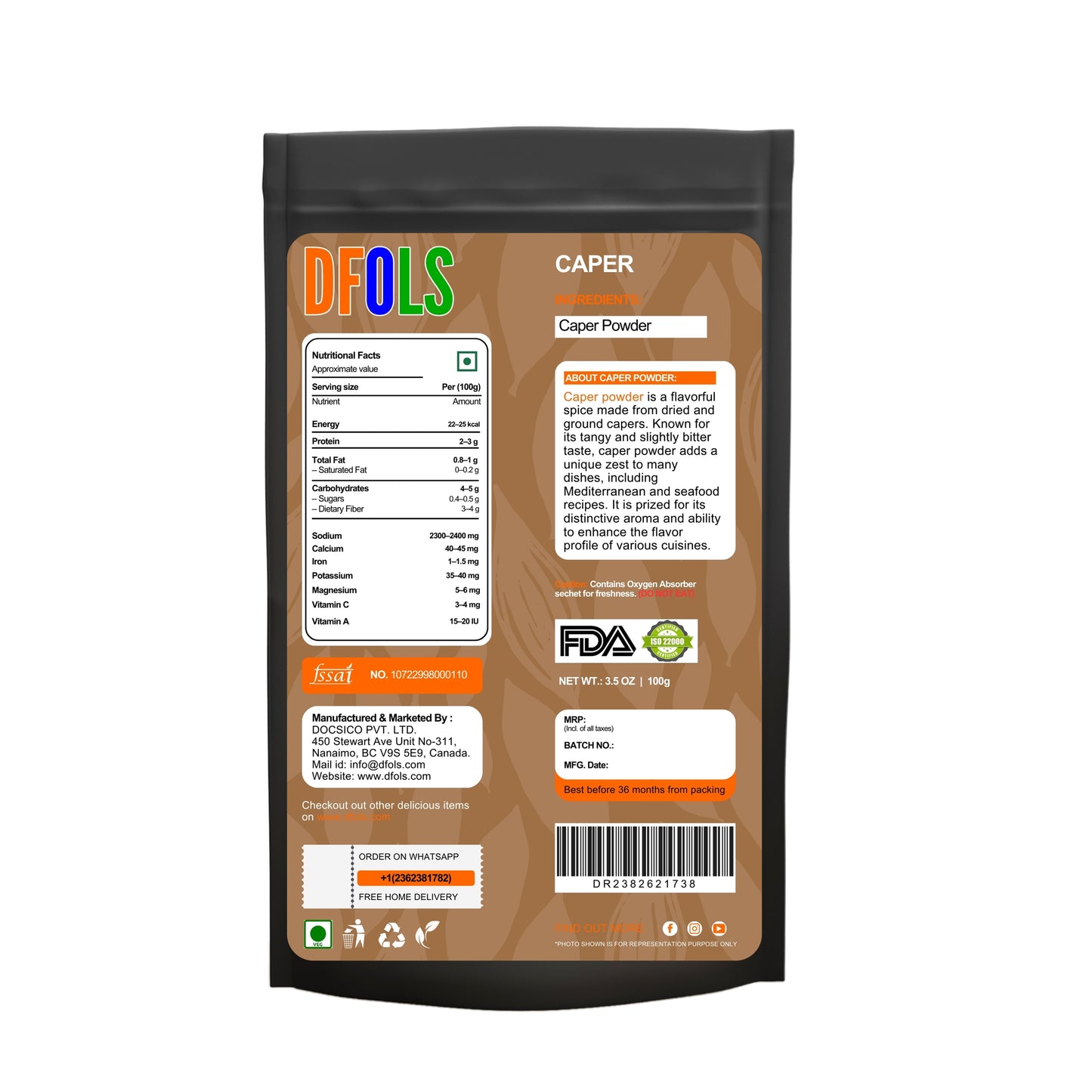 Pure Caper Powder – Natural, Aromatic & Flavor-Rich | Ideal for Cooking, Pickles, Sauces & Seasoning | No Additives, Vegan, Healthy Herb for Daily Use - DFOLS