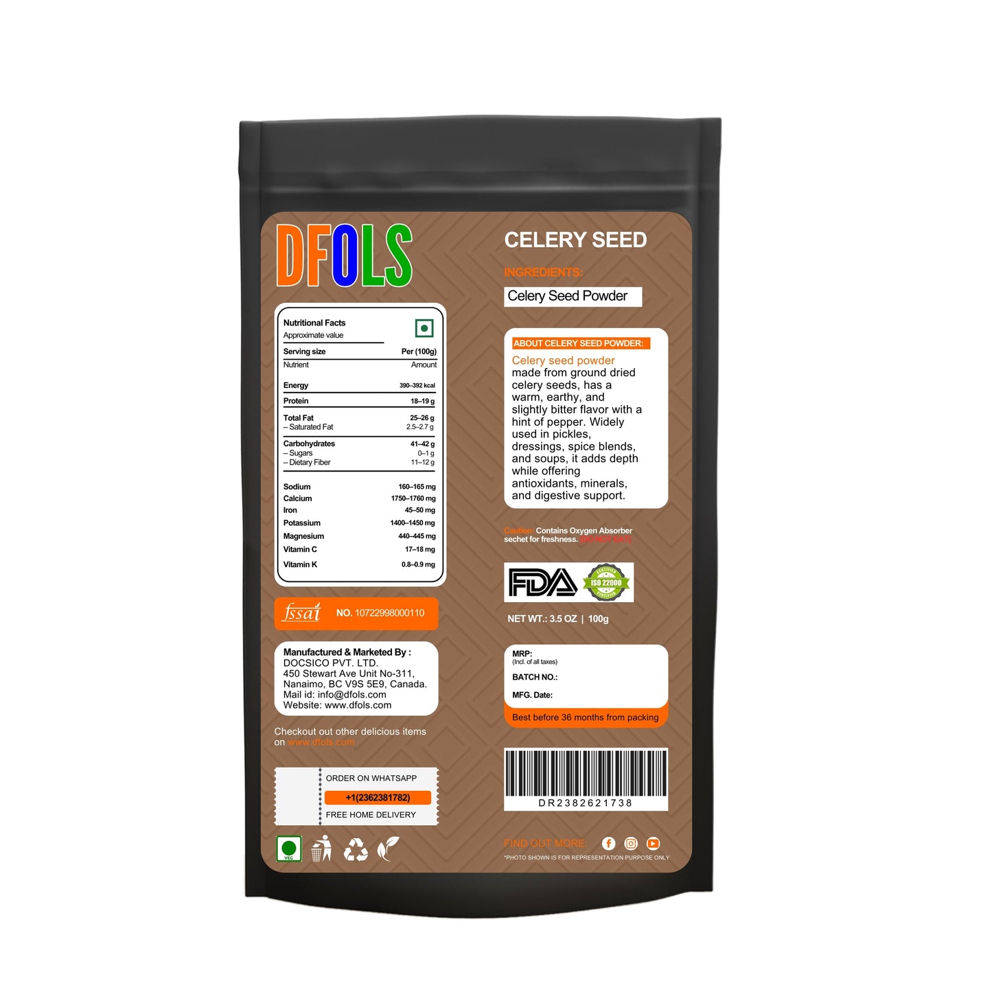 Premium Natural Celery Powder | Antioxidant & Fiber Rich | GMO Free, No Additives, Vegan | Ideal for Juicing, Smoothies & Detox - DFOLS