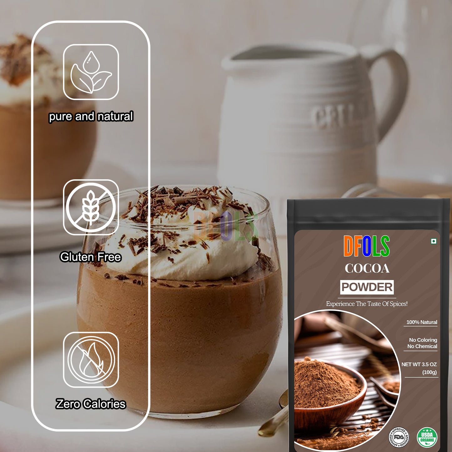 Organic Cacao Powder | Rich Chocolate Flavor | Non-GMO, Gluten-Free, Vegan | Unsweetened Natural Cocoa Alternative for Baking, Smoothies, Shakes, Desserts & Healthy Recipes - DFOLS