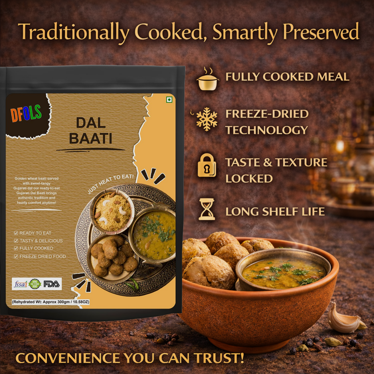 Gujarati Dal Baati | Traditional Rajasthani Meal | Spiced Dal with Baked Wheat Baati | Authentic Taste | Ready to Heat & Serve | Comfort Food Pack