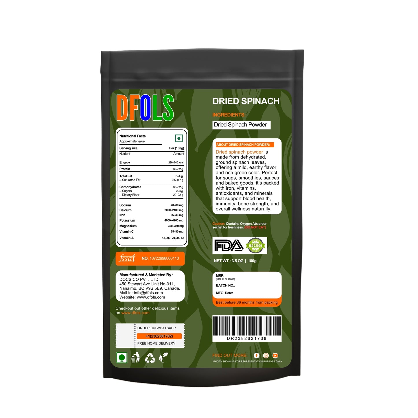 Organic Dried Spinach Powder | Nutrient-Rich Superfood | High in Iron & Antioxidants | Ideal for Smoothies, Cooking, Baking, Juices & Supplements | Pure, Natural, Vegan, Gluten-Free