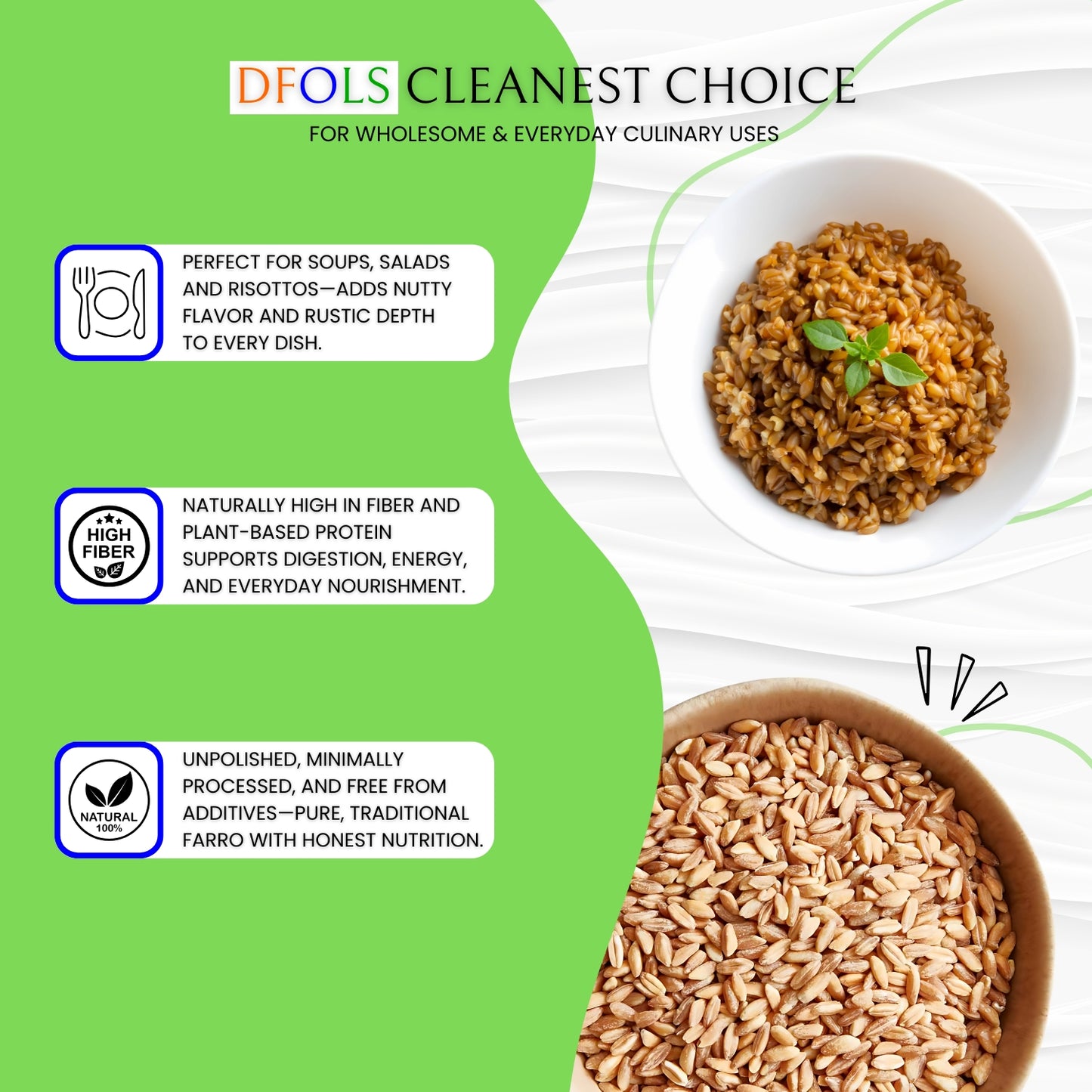 DFOLS Organic Farro | Natural Ancient Grain | High-Protein, Fiber-Rich, Pesticide-Free Superfood | Premium Whole Grain for Healthy Cooking & Salads
