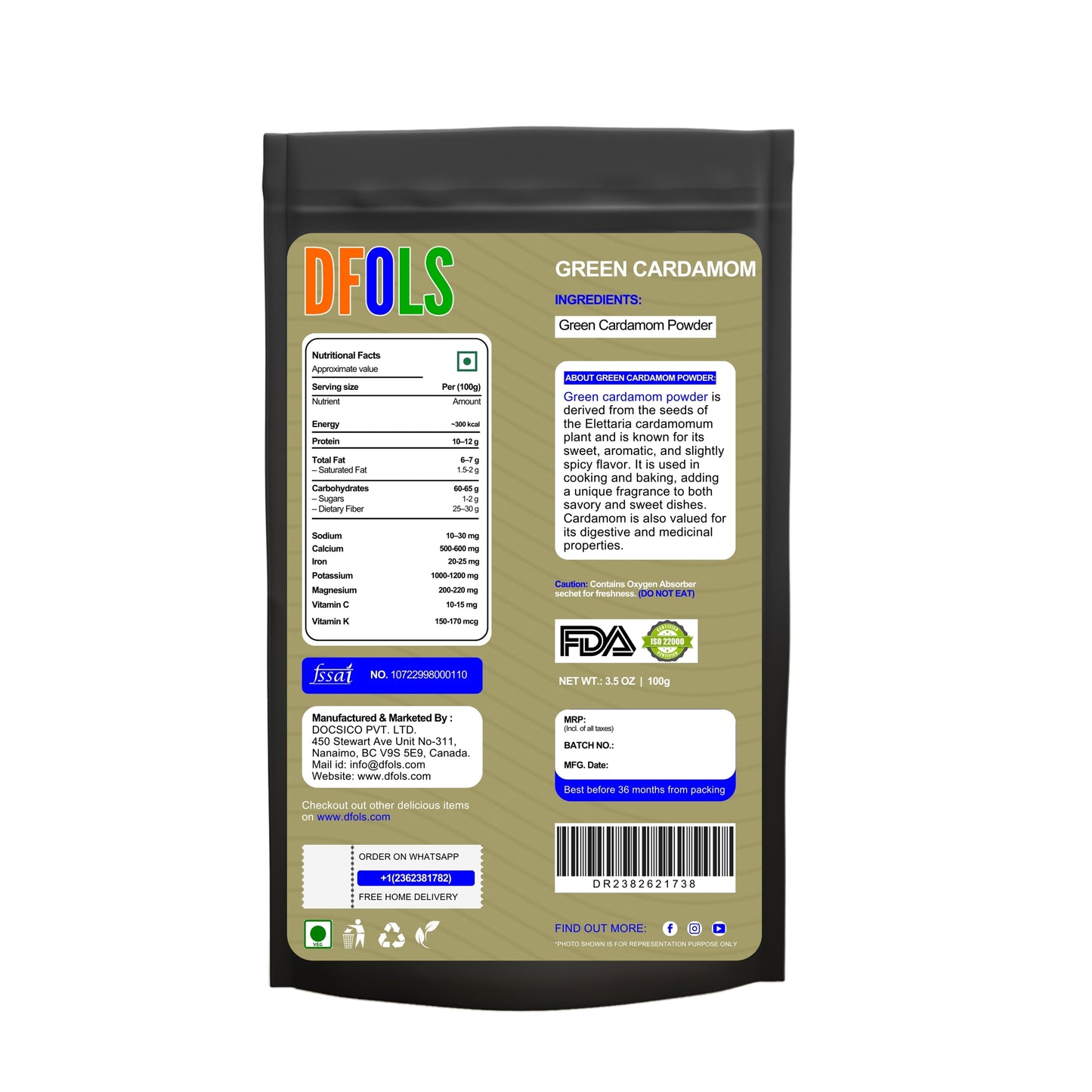 Green Cardamom Powder – 100% Pure & Natural | Premium Elaichi Powder for Cooking, Baking, Tea, Coffee & Desserts | Fresh, Aromatic Spice for Daily Use - DFOLS