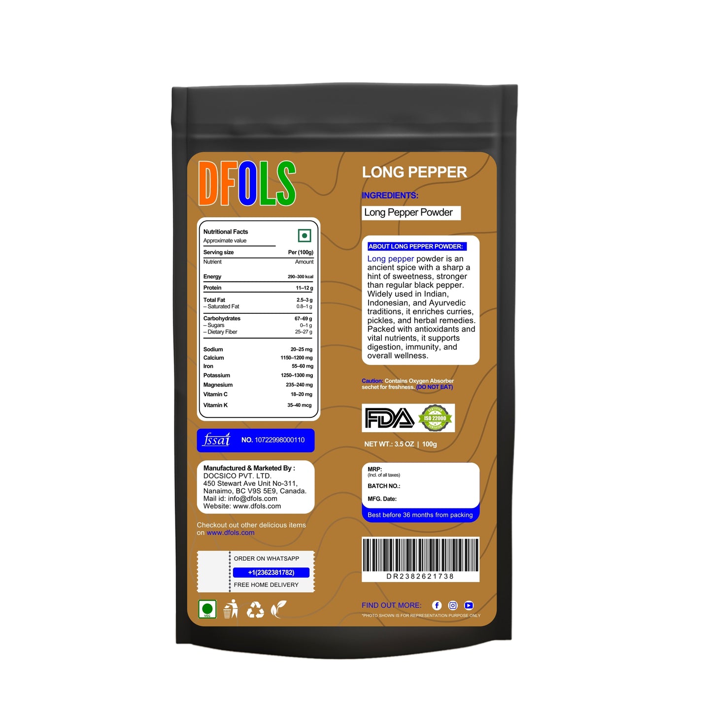 Organic Long Pepper Powder | 100% Pure & Natural Spice | Premium Pippali for Cooking, Ayurveda & Wellness - DFOLS