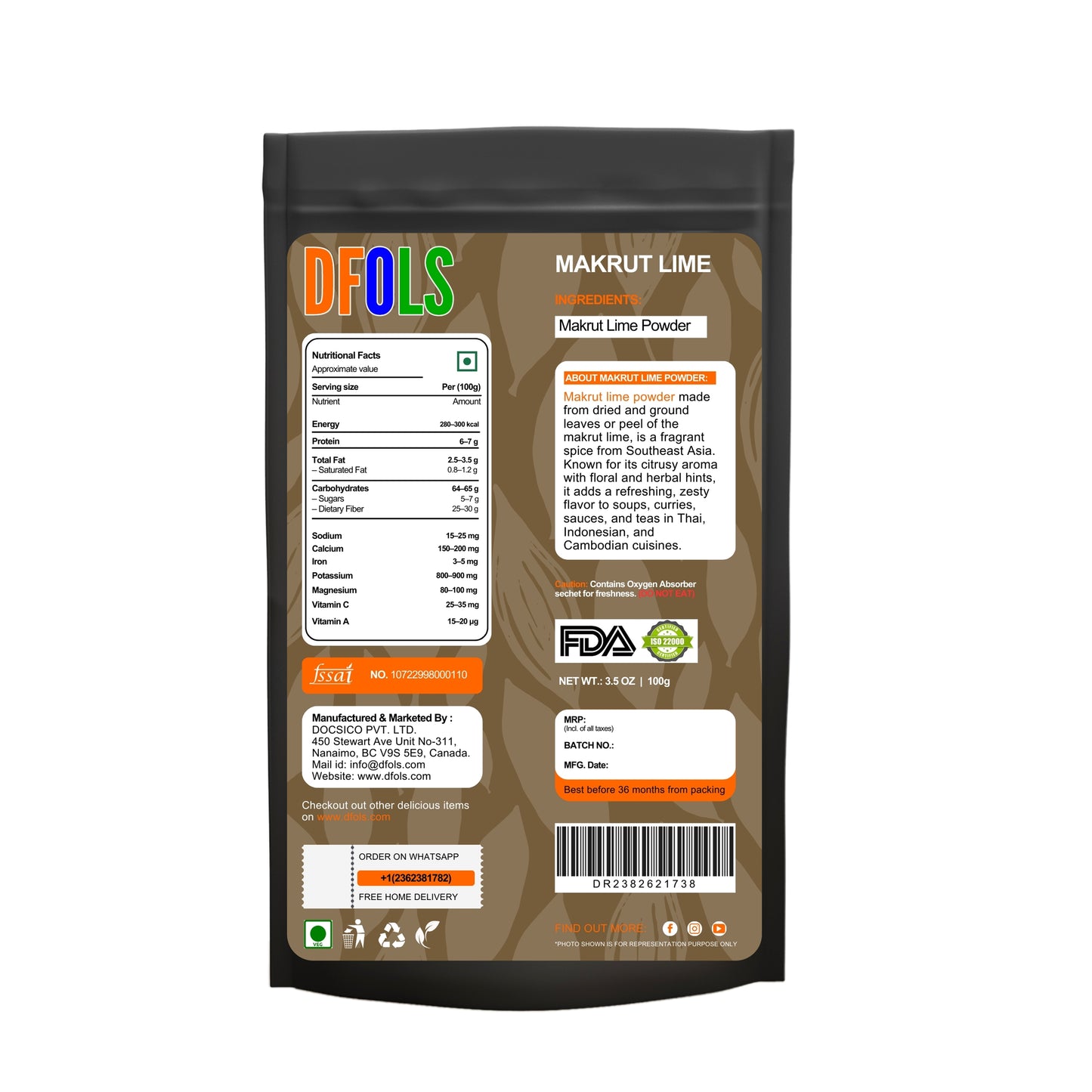 Makrut Lime Powder – Premium Dried & Ground Kaffir Lime Leaves for Authentic Thai & Southeast Asian Cuisine (2 oz Jar) – All-Natural, Non-GMO, Gluten-Free, Vegan - DFOLS