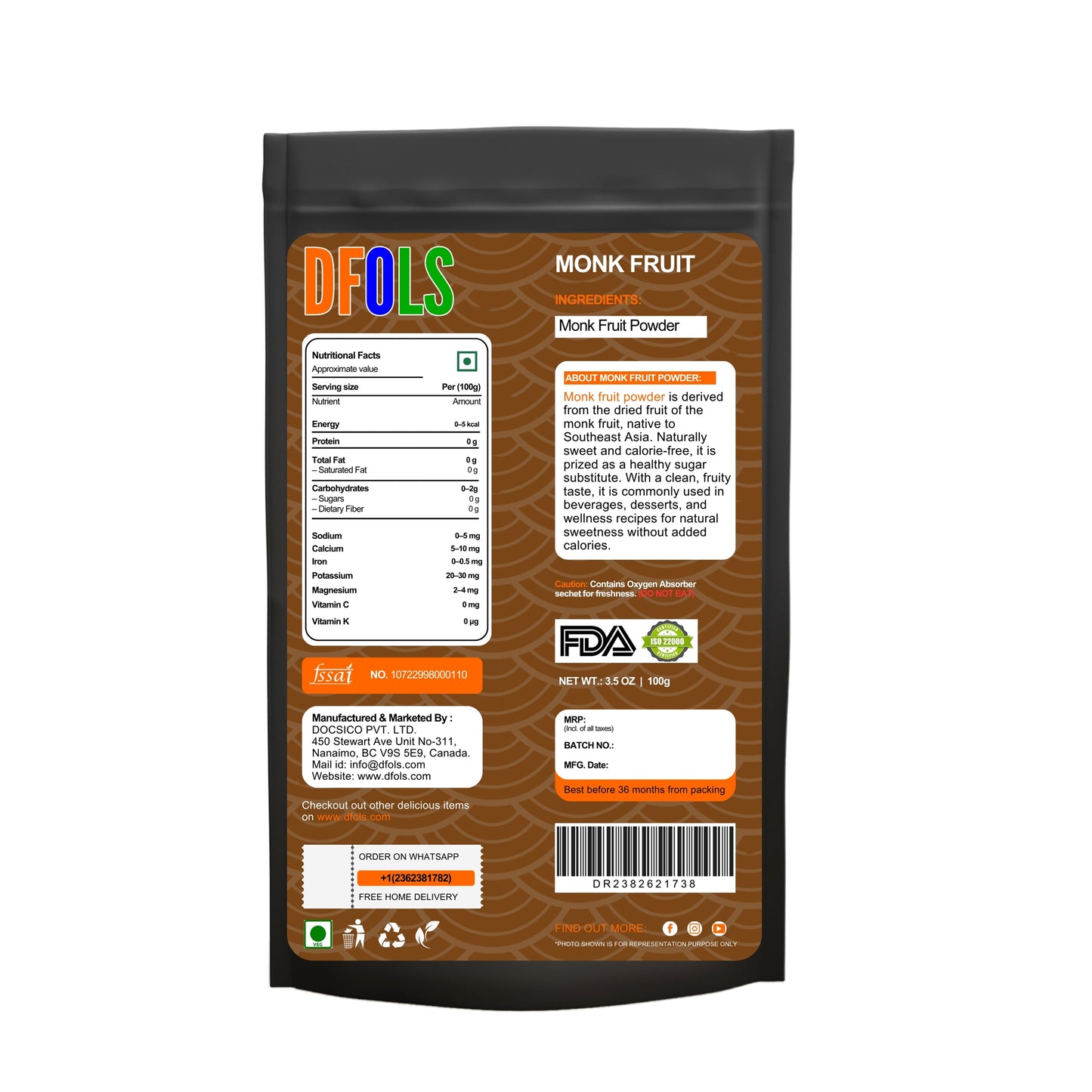 Monk Fruit Powder – Natural Zero-Calorie Sweetener for Baking, Cooking, Keto & Diabetic Diets | Non-GMO, Gluten-Free, Low-Carb Sugar Substitute for Coffee, Tea & Desserts - DFOLS