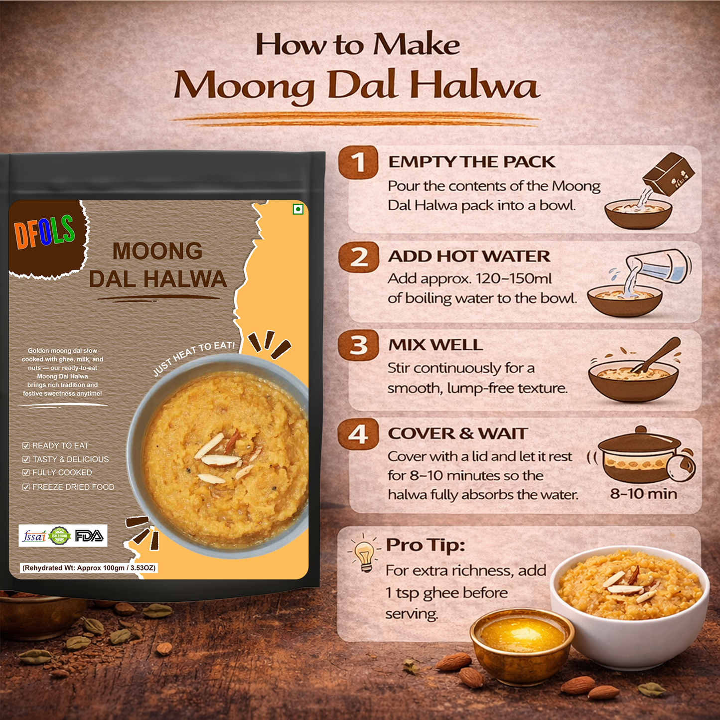 Indian Moong Dal Halwa | Slow-Cooked Dessert Made with Yellow Lentils, Pure Ghee & Sugar | Rich, Authentic Indian Sweet | Instant Ready Halwa | Traditional Dessert Treat