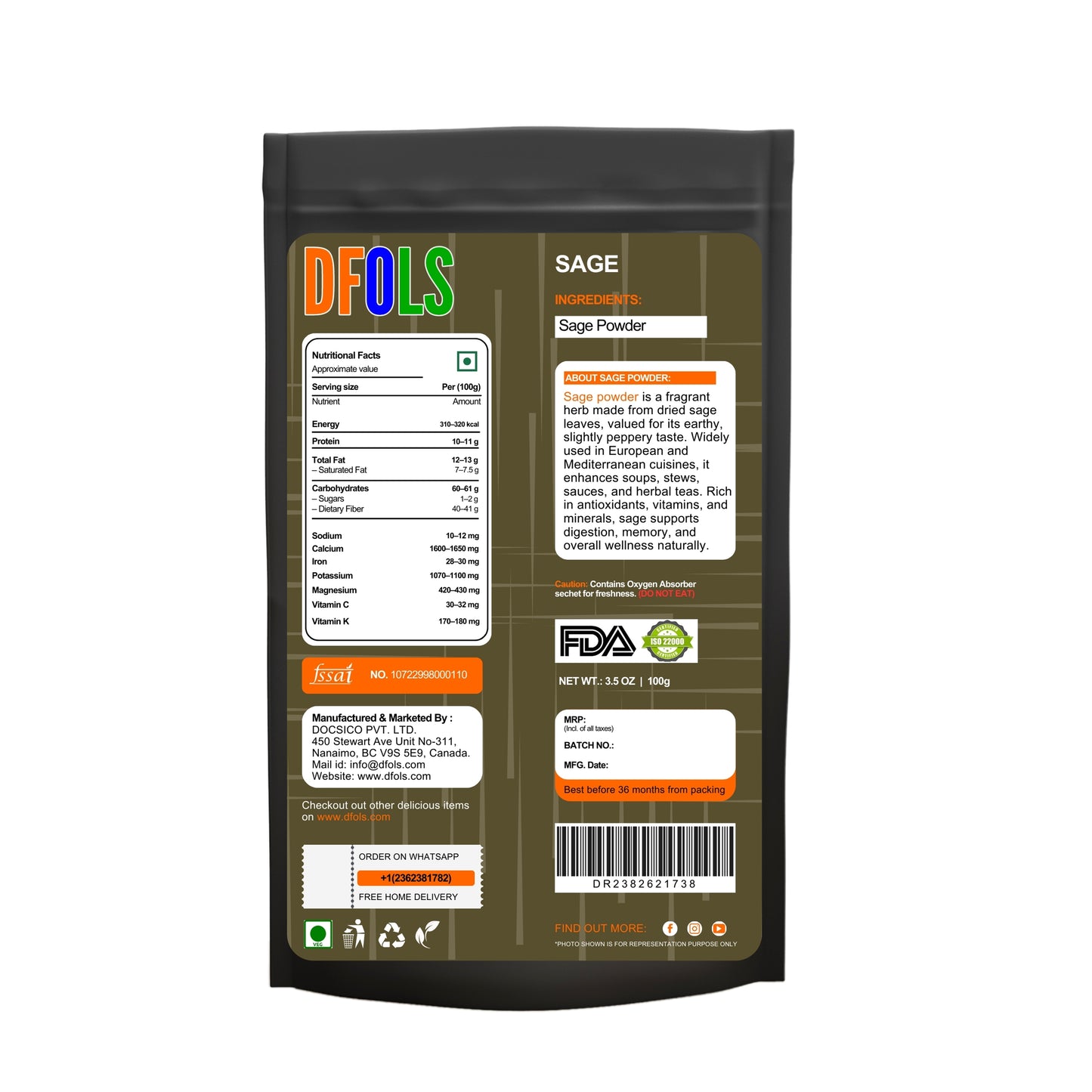 Saga Powder - All-Natural Herbal Powder for Cooking & Wellness - Vegan, Gluten-Free & Freshly Ground. - DFOLS