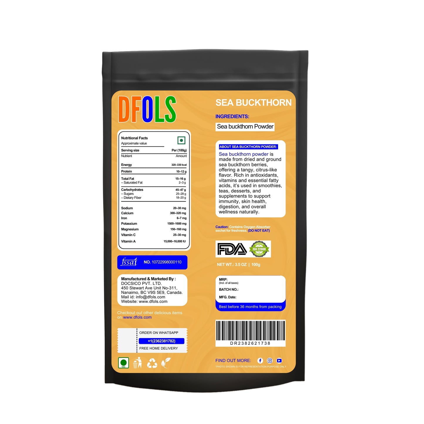 Sea Buckthorn Powder | Natural Immunity Booster | Supports Skin Glow, Heart Health & Digestion | Vitamin-Rich Superfood for Smoothies, Drinks & Daily Wellness