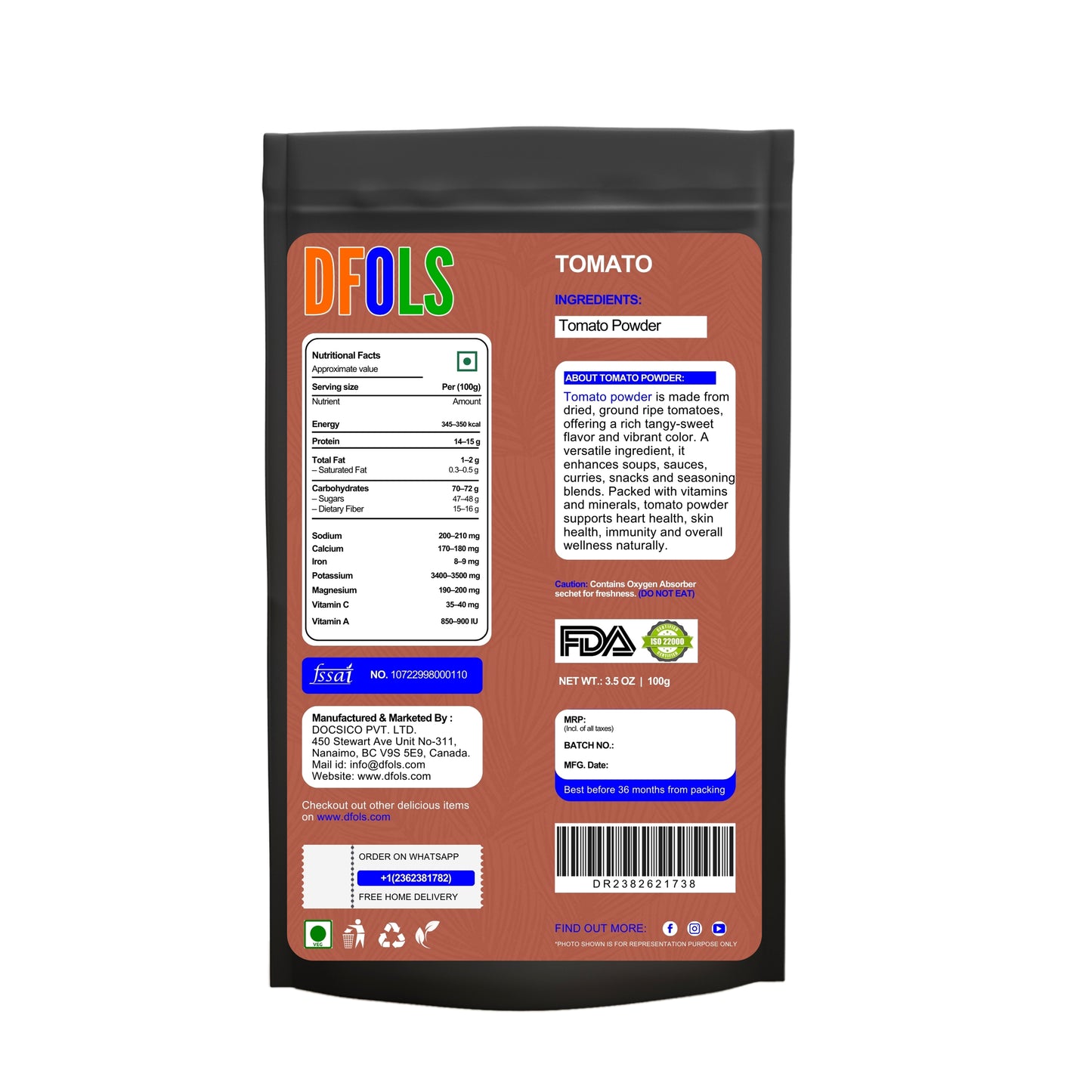 Tomato Powder, Ideal for Smoothies, Cooking, Baking, and More, Non-GMO, Vegan, Gluten-Free, Kosher. - DFOLS