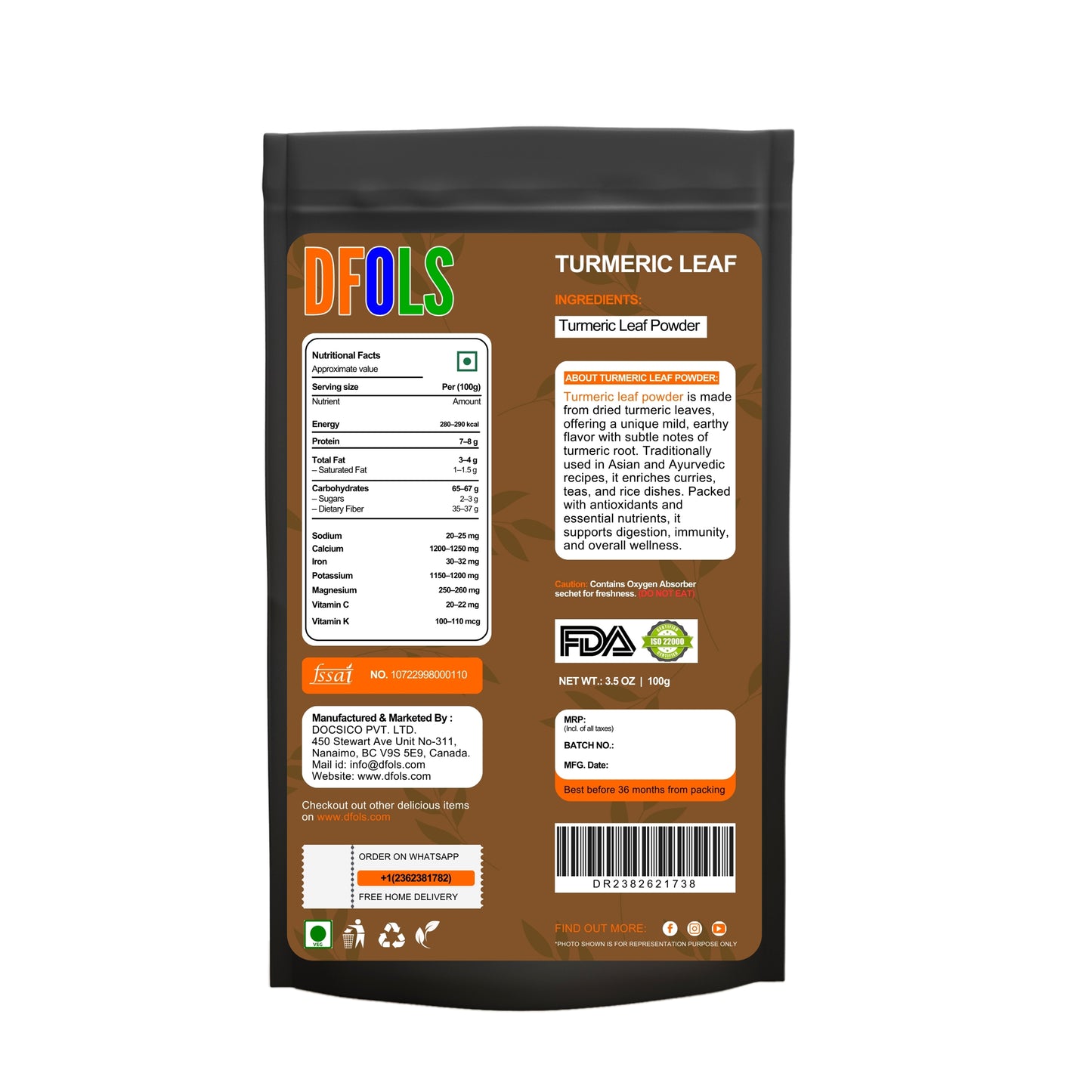 Organic Turmeric Leaf Powder | 100% Pure & Natural Herbal Supplement | Non-GMO | Supports Immunity, Digestion & Overall Wellness | Fine Powder for Daily Health Boost - DFOLS