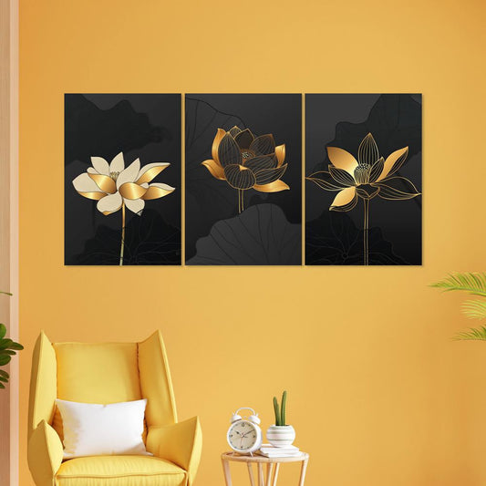 DFOLS Midnight Blossoms Trio Canvas Wall Painting – Luxury Floral Triptych Art