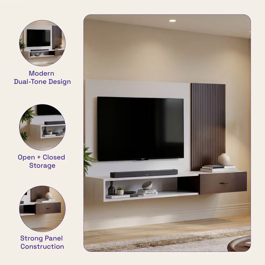 DFOLS Iverra Modern Floating Engineered Wood TV Unit with Storage Drawer