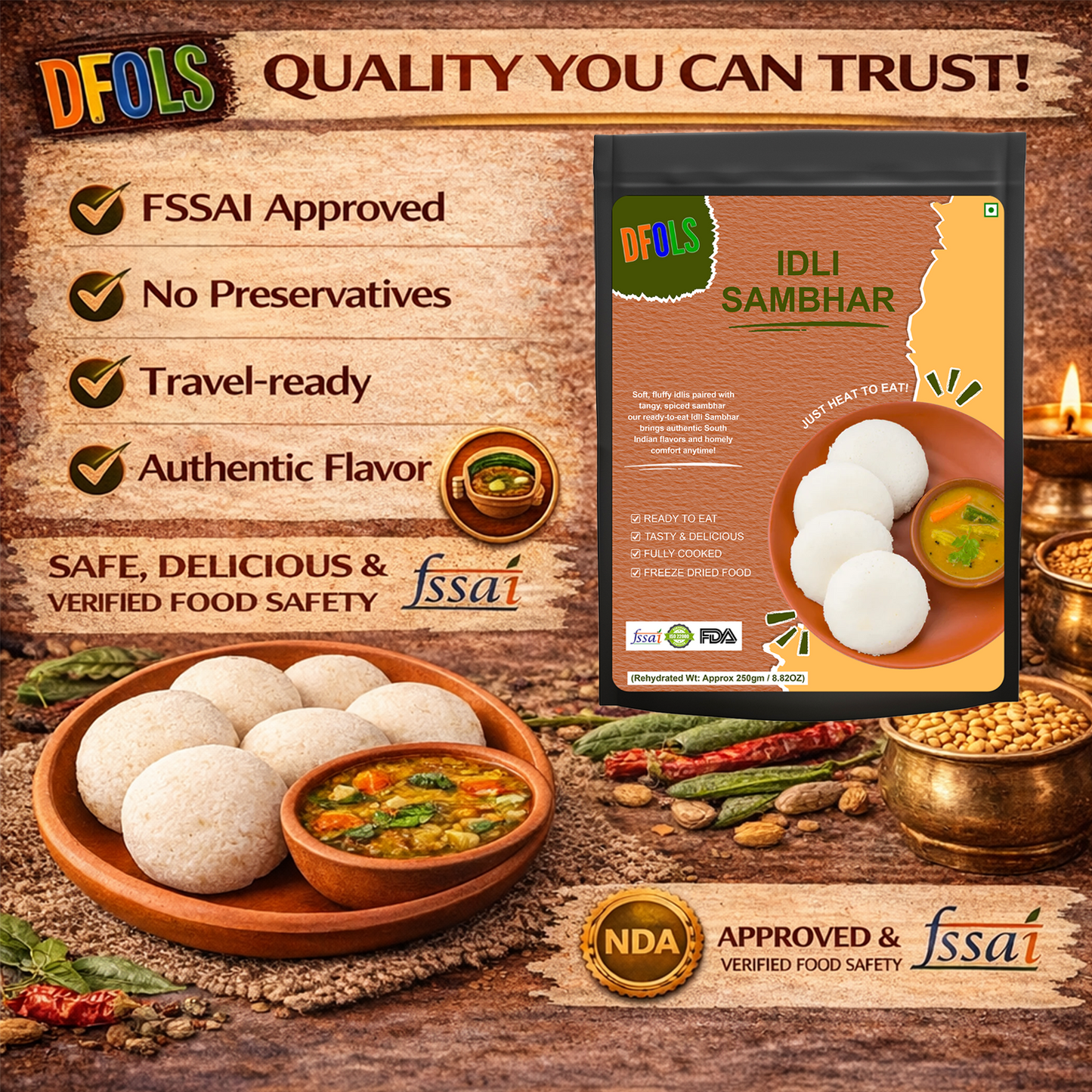 Ready-to-Eat Idli Sambar | Soft Rice Idlis with Authentic Spicy Sambar | No Preservatives | Instant, Convenient South Indian Meal | Heat & Serve Pack