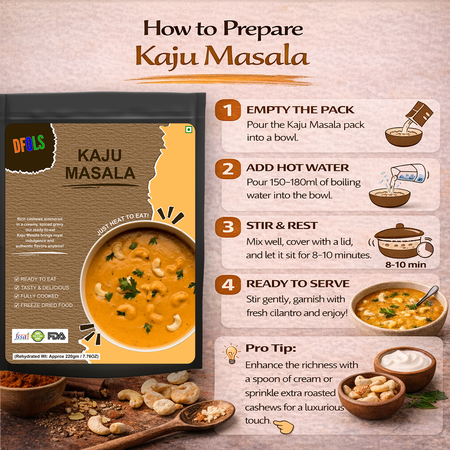 Kaju Masala Ready Meal | Rich Cashew Curry in Buttery Tomato Gravy | Authentic Indian Flavor | Microwaveable, Ready-to-Eat Instant Meal