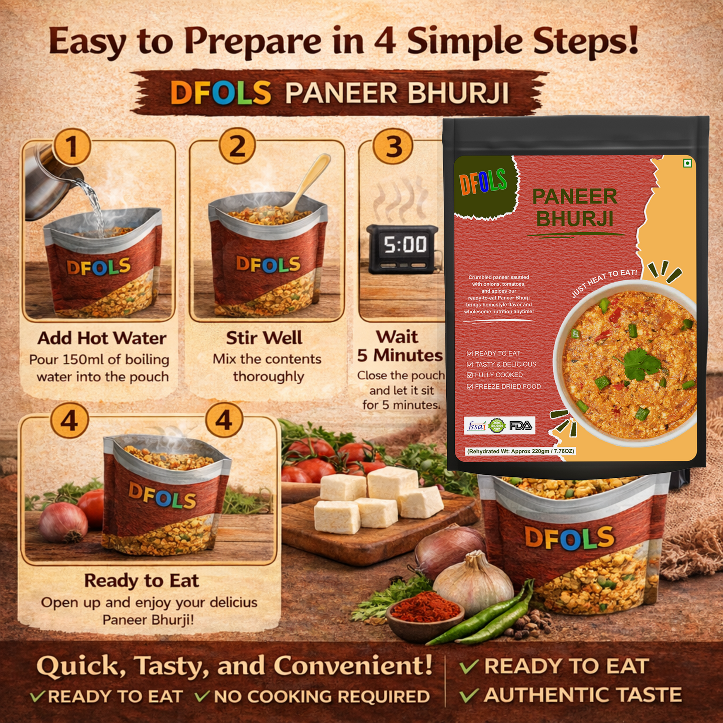 Paneer Bhurji Ready-to-Eat | High-Protein Indian Cottage Cheese Meal | Instant Vegetarian Dish | No Preservatives | Shelf-Stable Pack | Authentic Spicy Flavour