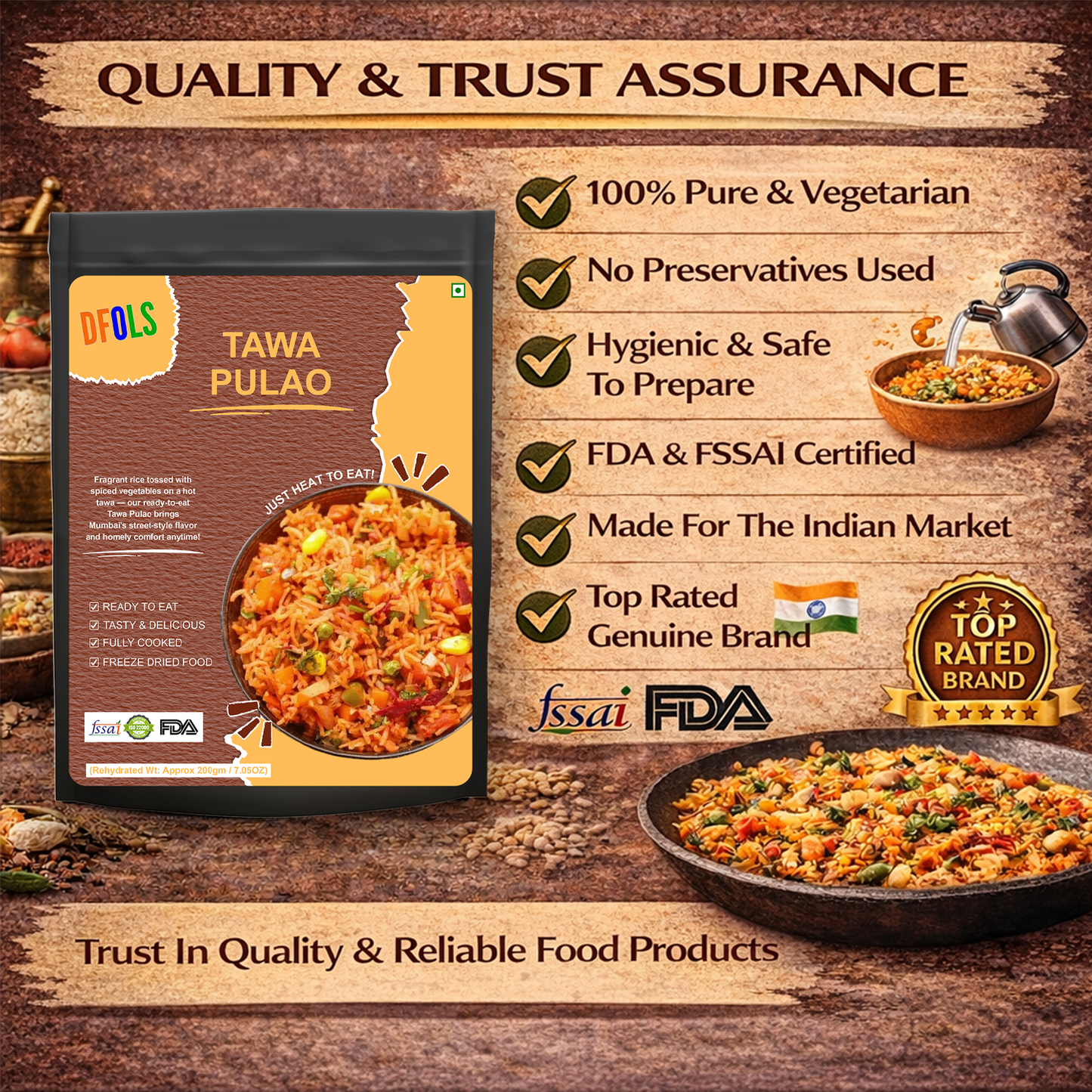 Authentic Tawa Pulao | Spicy Veg Rice Cooked on Tawa | Microwaveable Ready Meal | Pure Vegetarian | No Preservatives | Shelf-Stable Pack | Instant Indian Meal
