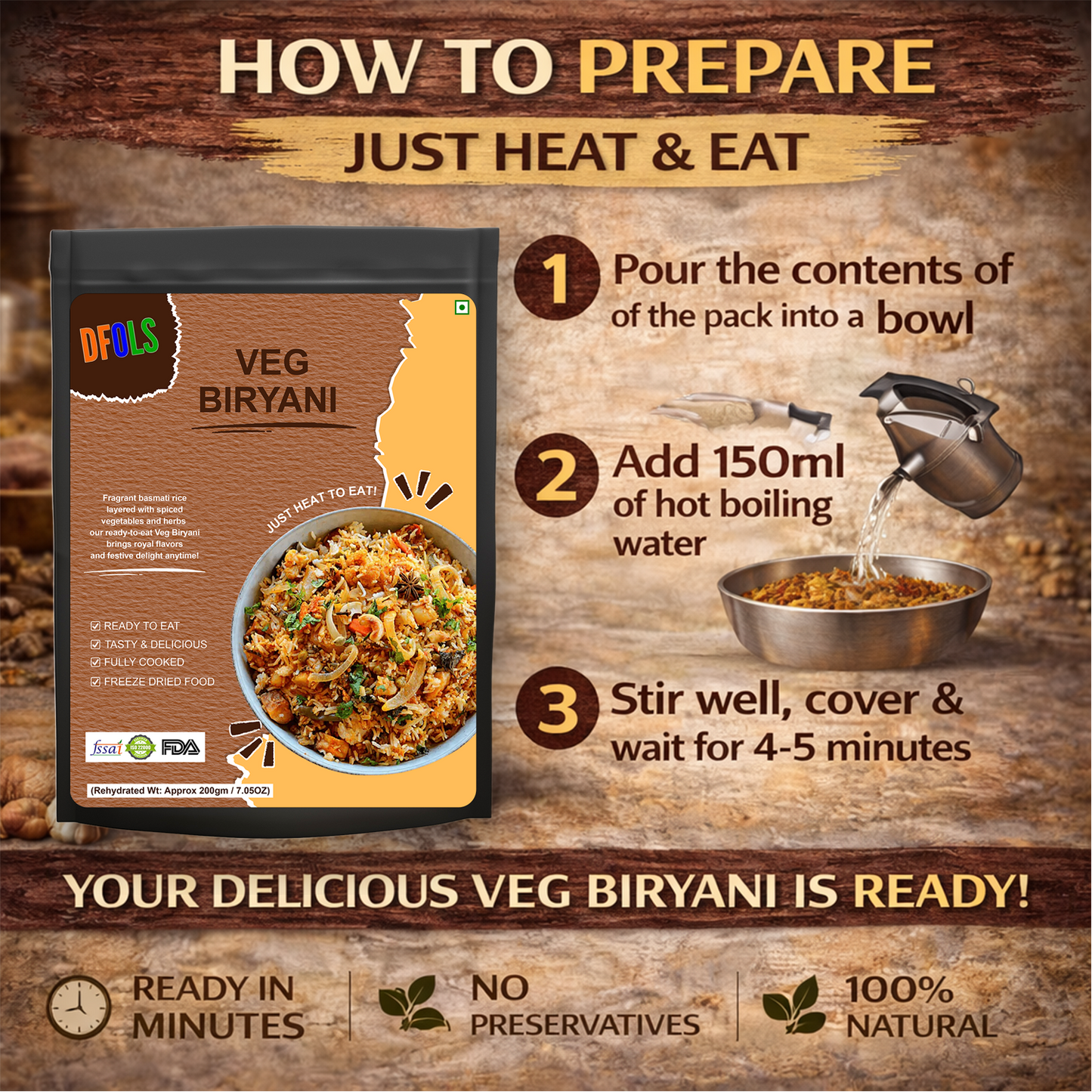 Indian Veg Biryani | Spicy Vegetable Pilaf with Aromatic Basmati Rice & Whole Spices | Ready-to-Eat Instant Meal | Authentic Indian Flavour