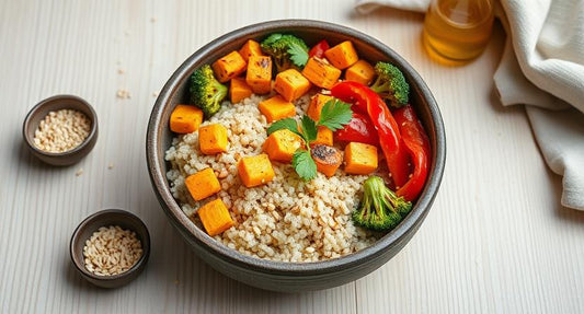 🥗 Quinoa & Roasted Veggie Bowl with Cold-Pressed Sesame Oil Drizzle