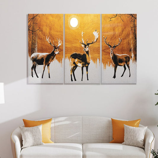 DFOLS Reindeers in Moonlight 3 Panel Canvas Wall Painting – Nature Wildlife Art