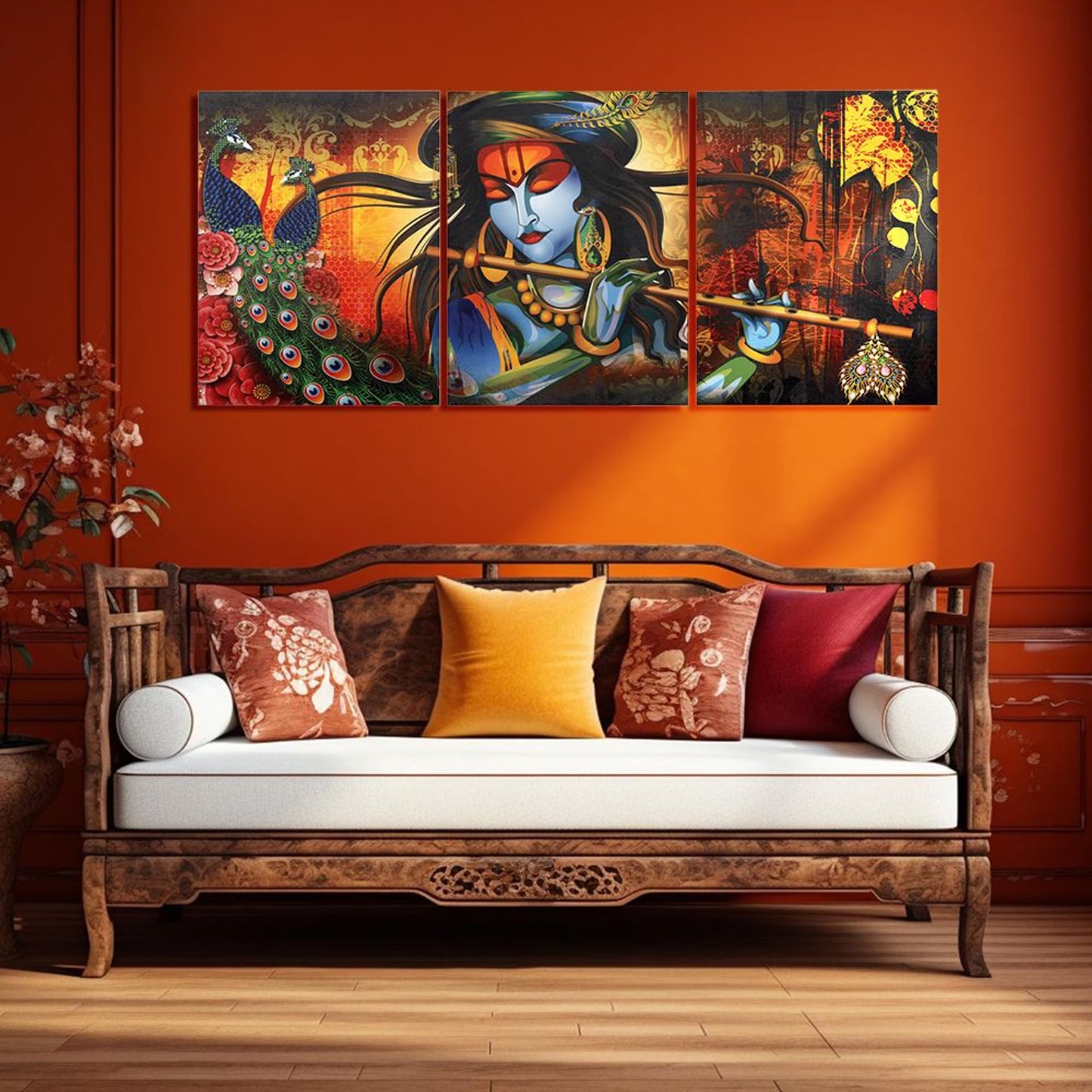DFOLS Krishna in Vrindavan 3 Panel Canvas Wall Painting – Spiritual Indian Art