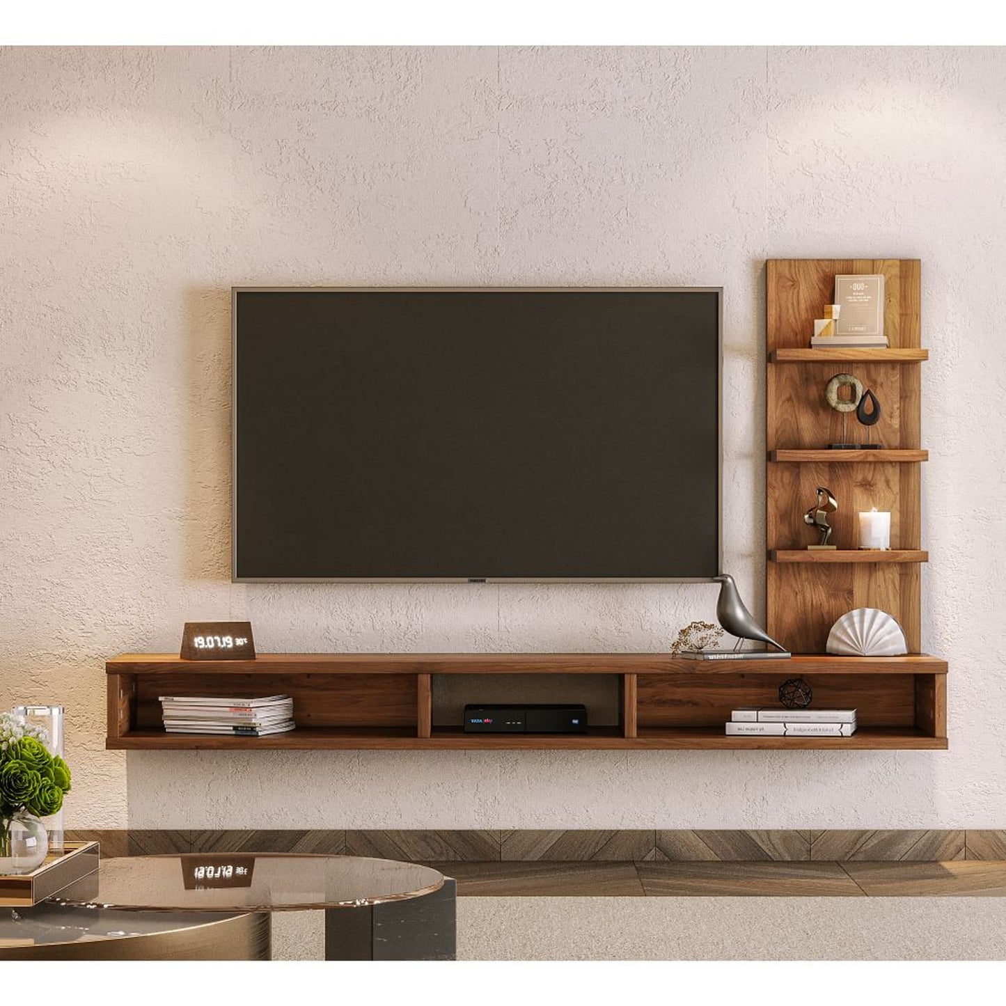 DFOLS Expo Floating Engineered Wood TV Unit with Display Shelves