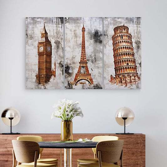 DFOLS Around the World 3 Panel Canvas Wall Painting – Landmark Travel Art