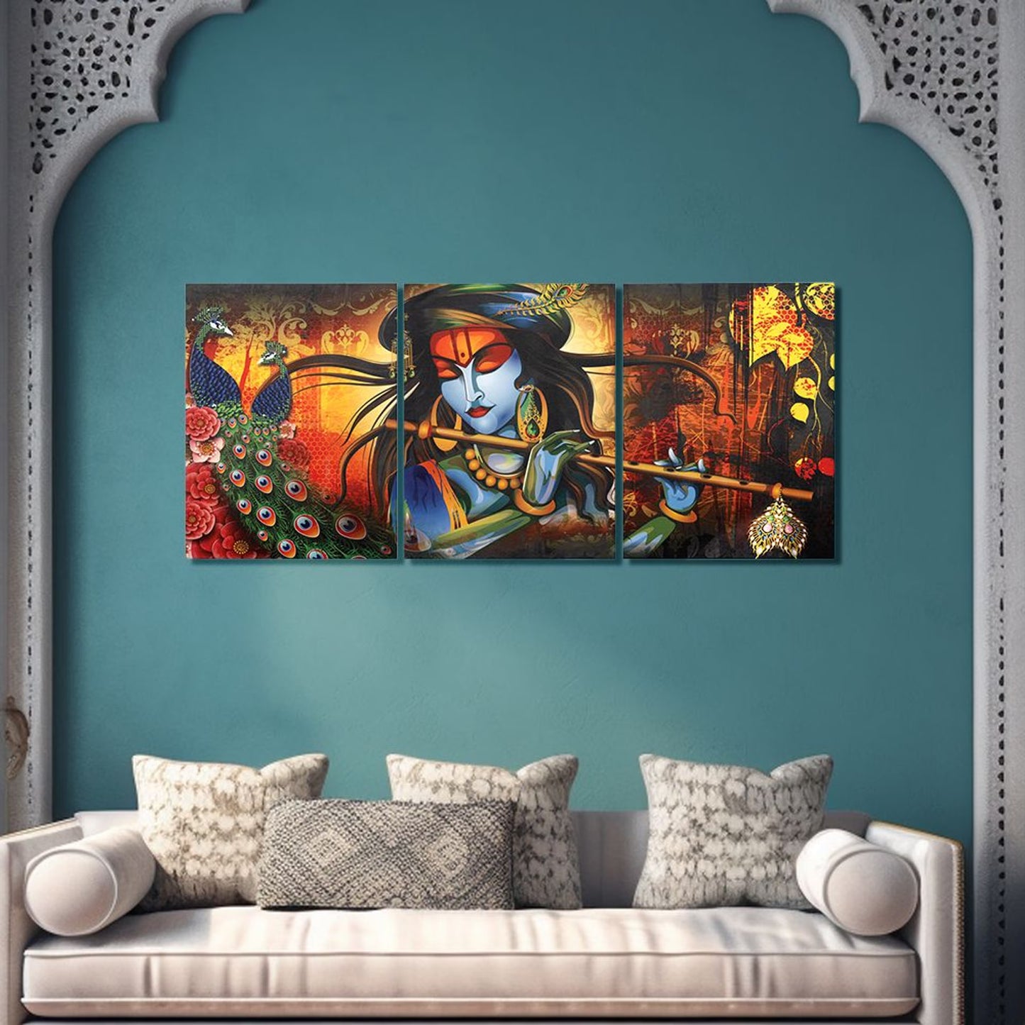 DFOLS Krishna in Vrindavan 3 Panel Canvas Wall Painting – Spiritual Indian Art