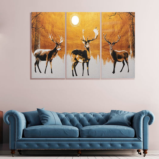 DFOLS Reindeers in Moonlight 3 Panel Canvas Wall Painting – Nature Wildlife Art