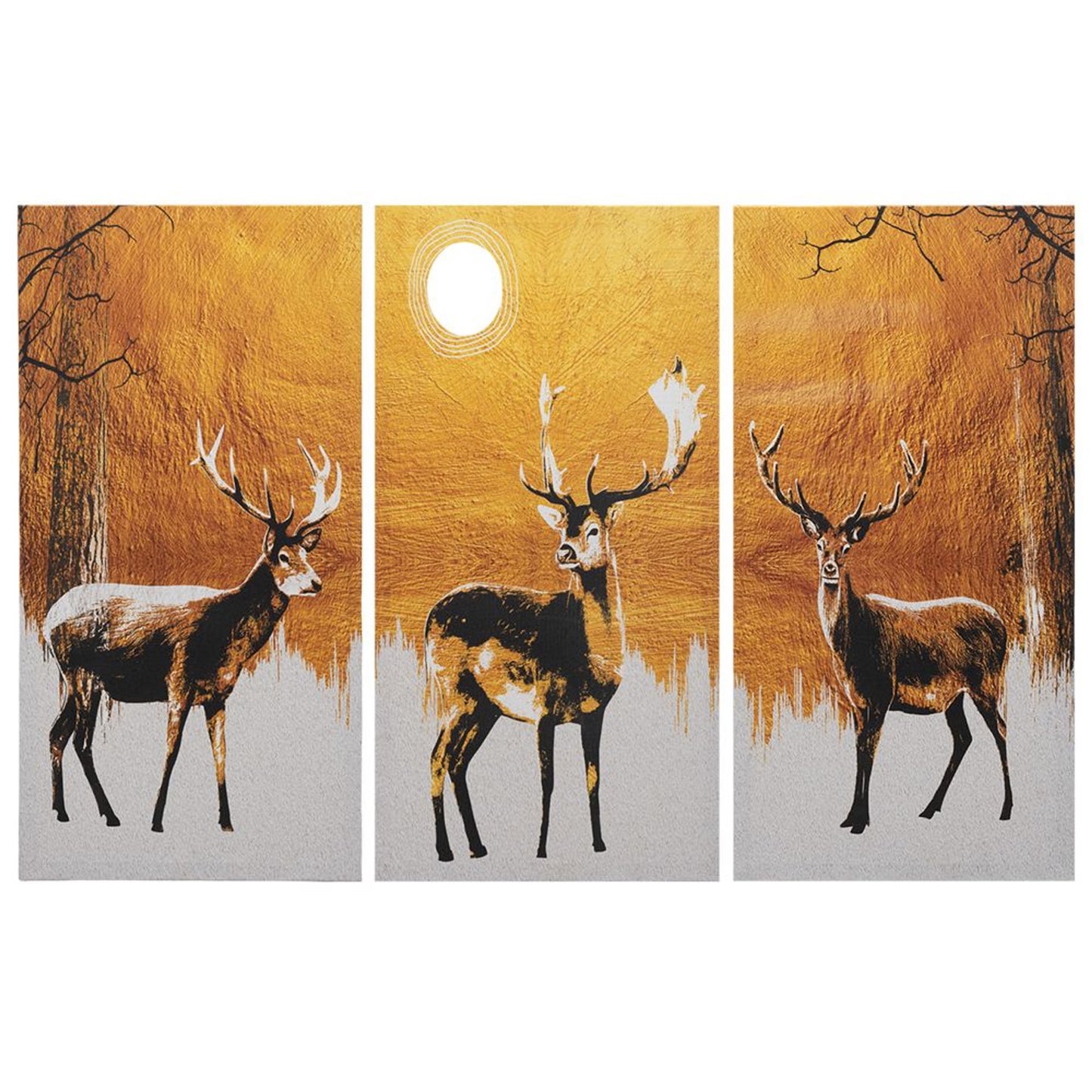 DFOLS Reindeers in Moonlight 3 Panel Canvas Wall Painting – Nature Wildlife Art