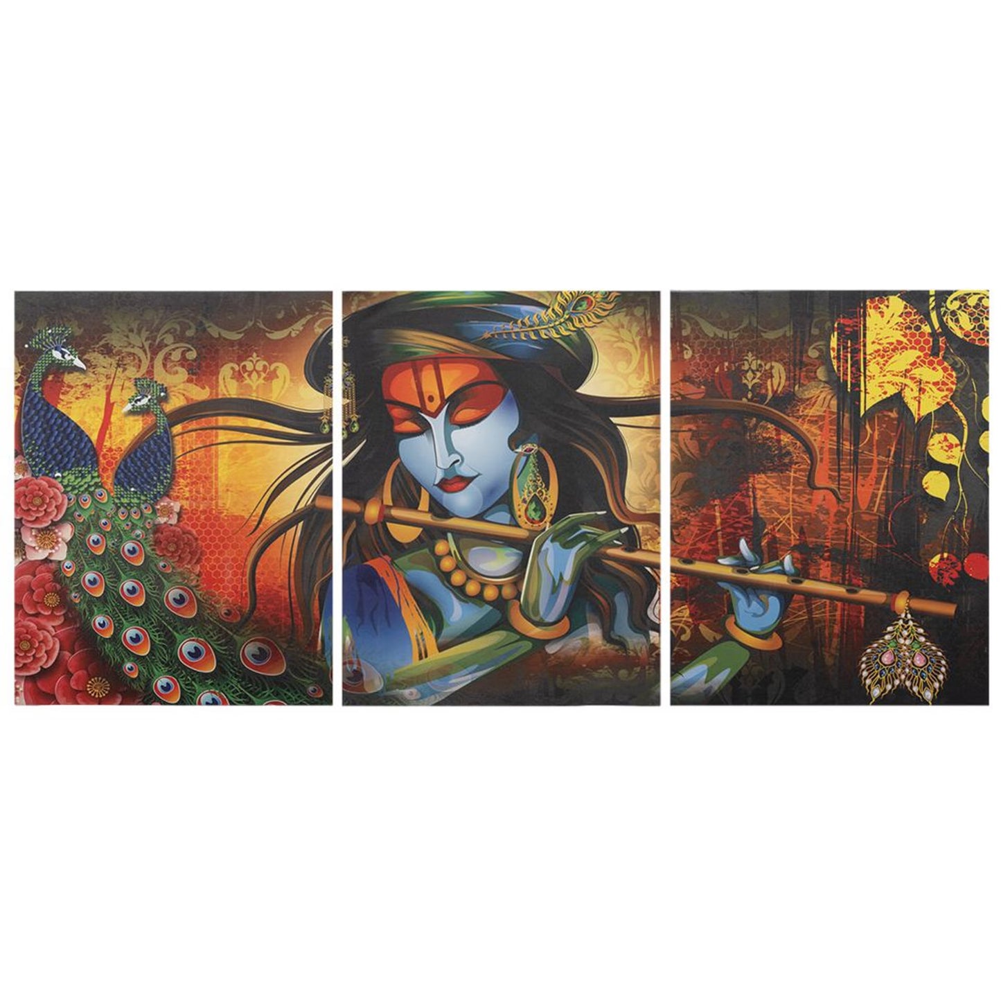 DFOLS Krishna in Vrindavan 3 Panel Canvas Wall Painting – Spiritual Indian Art