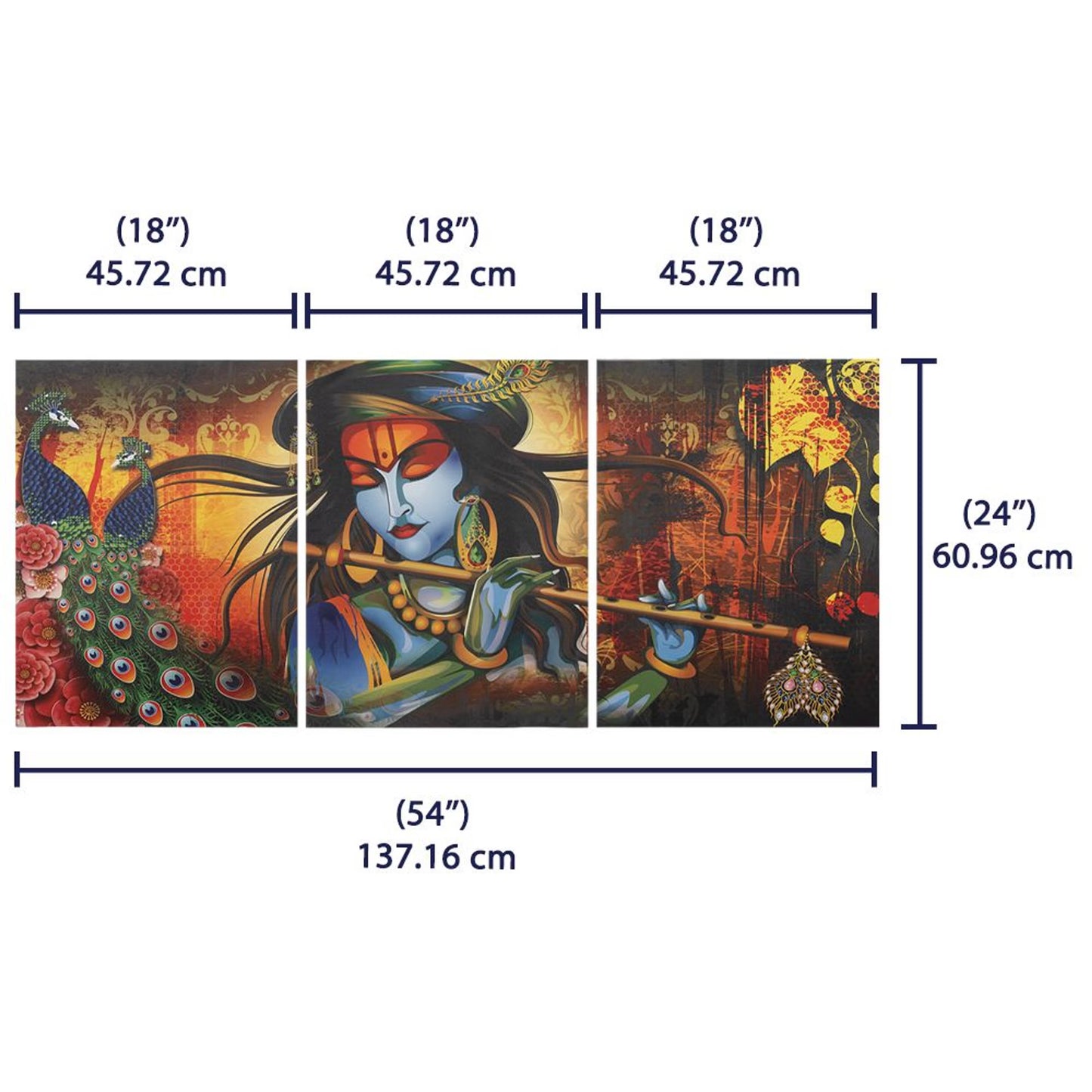 DFOLS Krishna in Vrindavan 3 Panel Canvas Wall Painting – Spiritual Indian Art