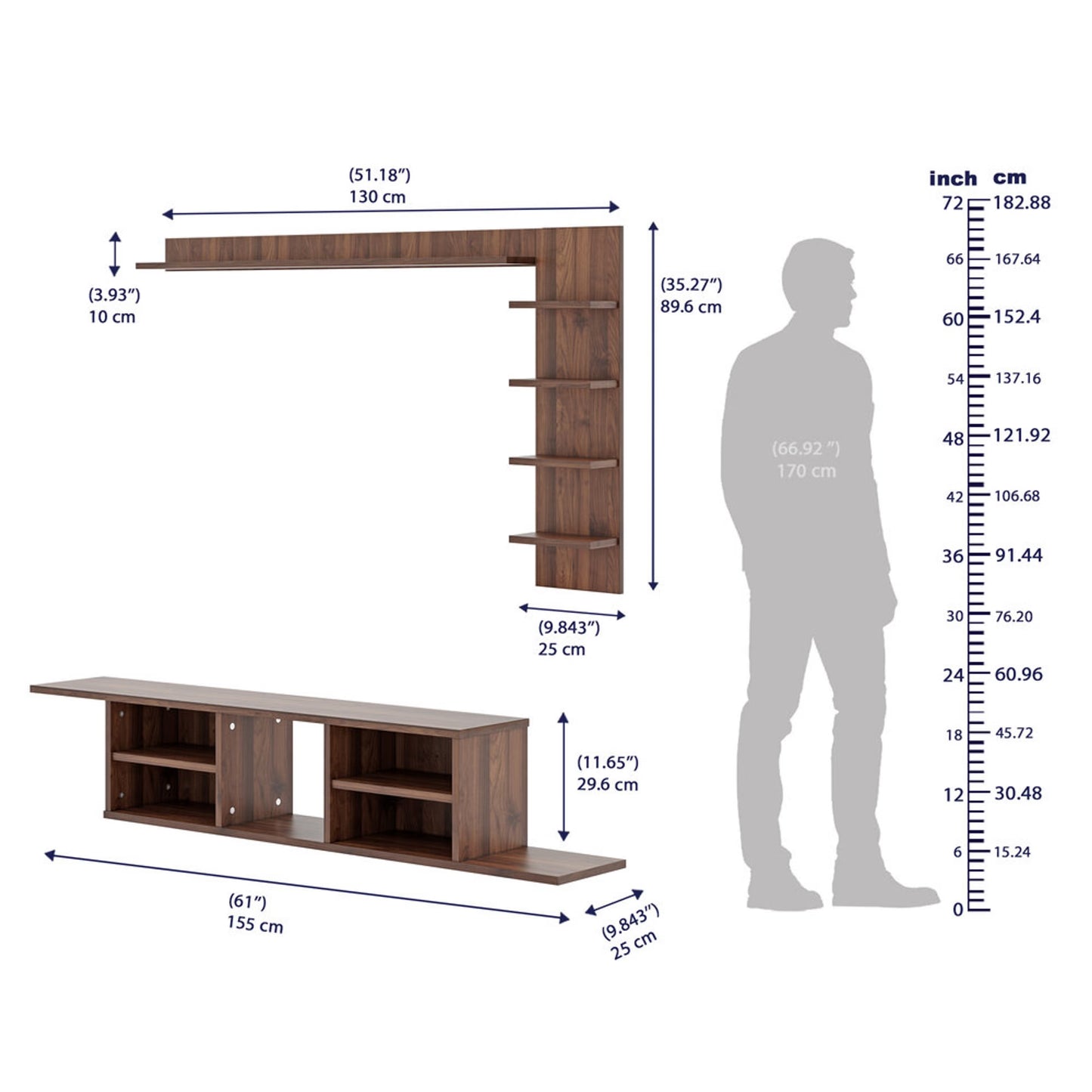 DFOLS Hitch Modern Wall Mounted Engineered Wood TV Unit with Display Shelves