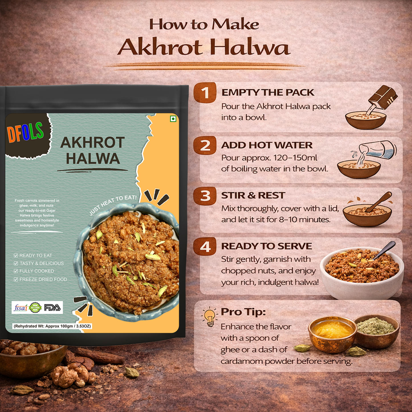 Akhrot Halwa | Traditional Indian Walnut Dessert Made with Pure Ghee & Milk | Rich, Authentic Flavor | Ready-to-Eat Sweet | Premium Quality Nut Halwa