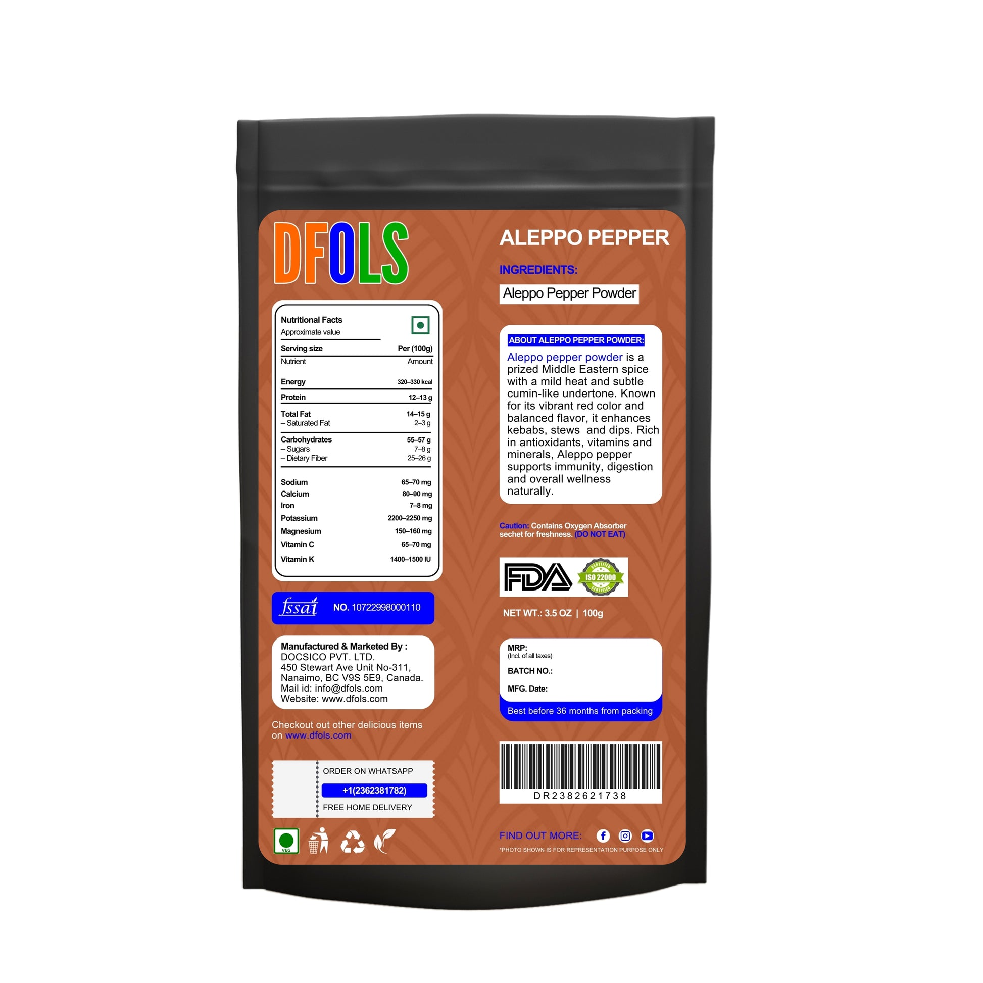 Organic Aleppo Pepper Flakes for Cooking and Food Seasoning - Ideal for Middle Eastern Cuisine - Aleppo Spice - Kosher - DFOLS