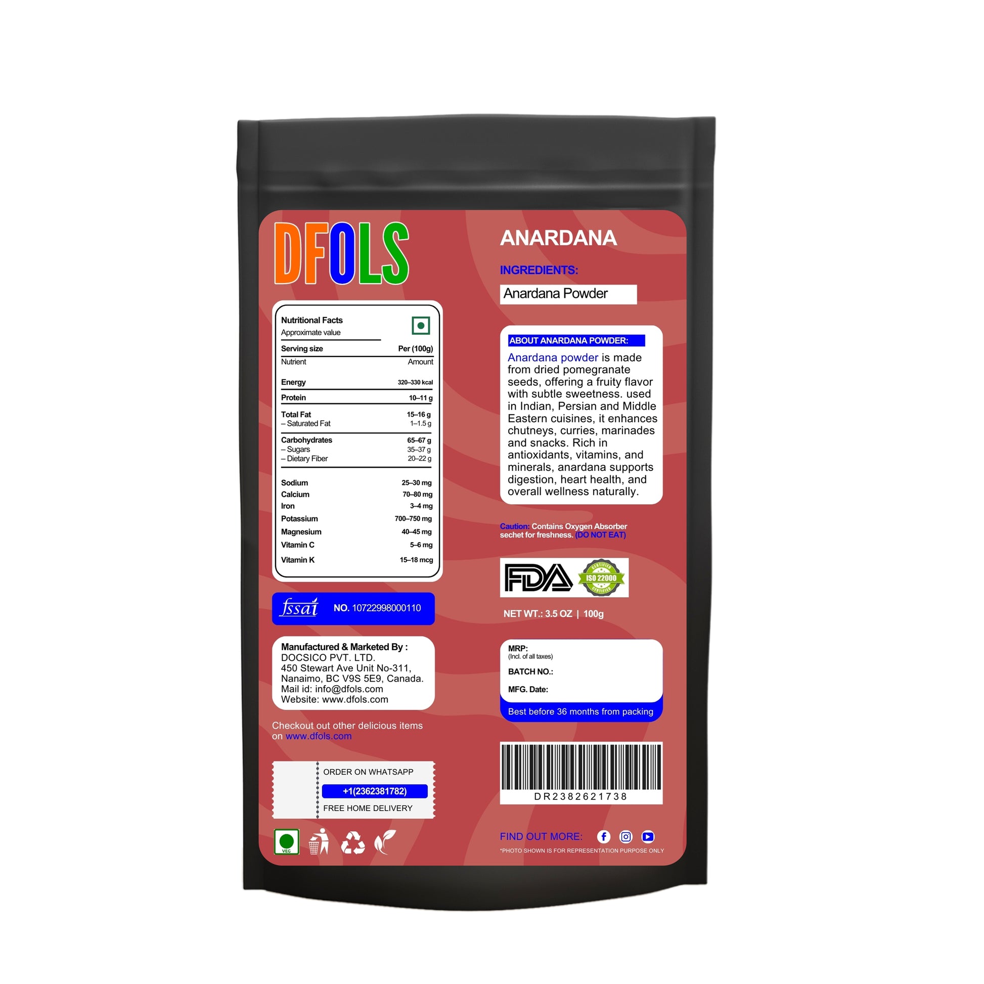 Organic Anardana Powder | Pure & Natural Ground Pomegranate Seeds | Tangy Spice for Cooking, Chutneys, Gravies & Snacks | Enhances Flavor | No Preservatives | Kitchen Essential - DFOLS