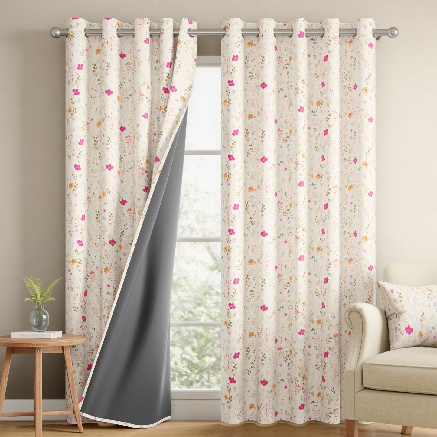 DFOLS Splash Beige Blackout Curtains – Double Layer Floral Curtain Set