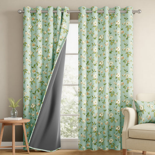 DFOLS Petal Aqua Floral Blackout Curtains – Premium Double Layer Curtain Set
