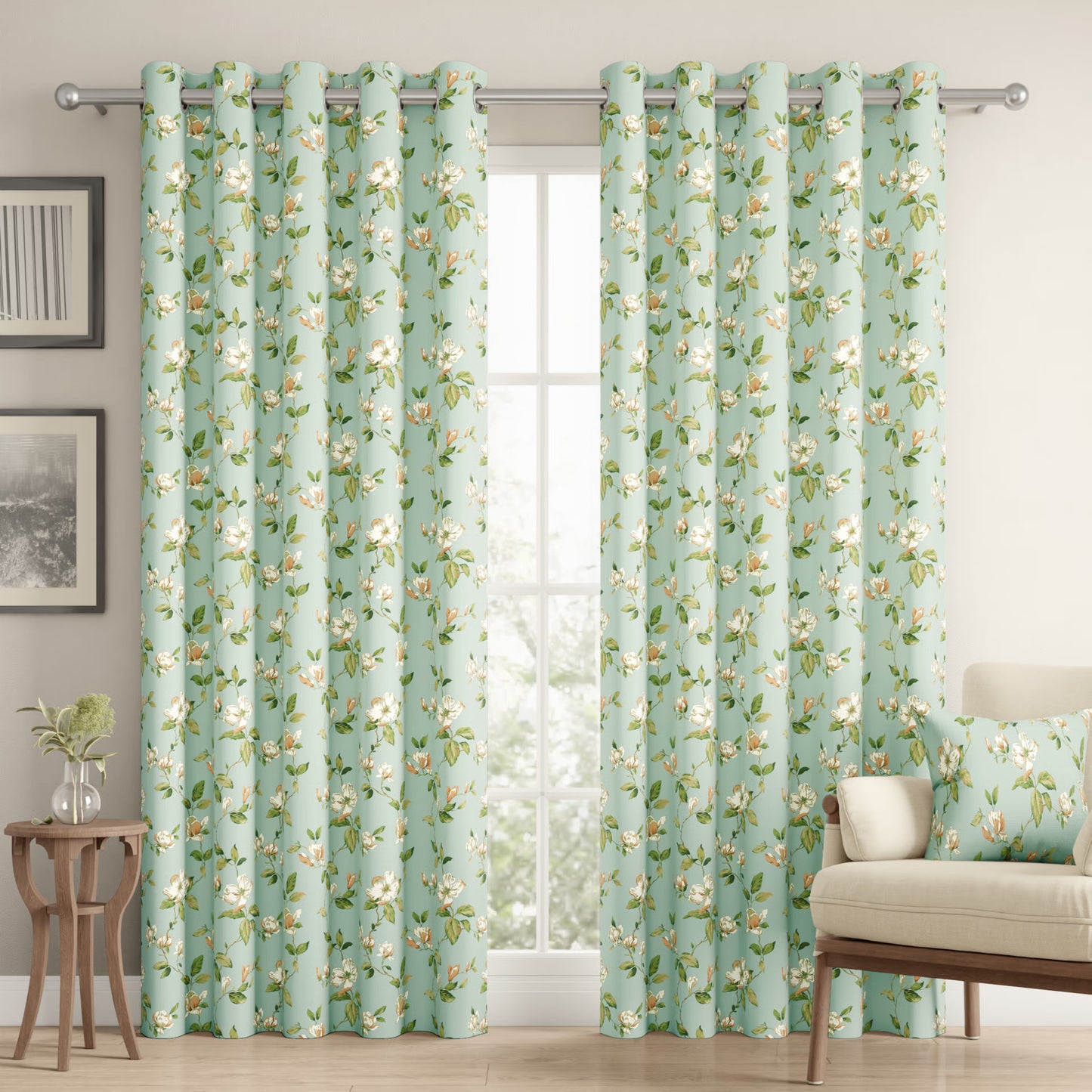 DFOLS Petal Aqua Floral Blackout Curtains – Premium Double Layer Curtain Set