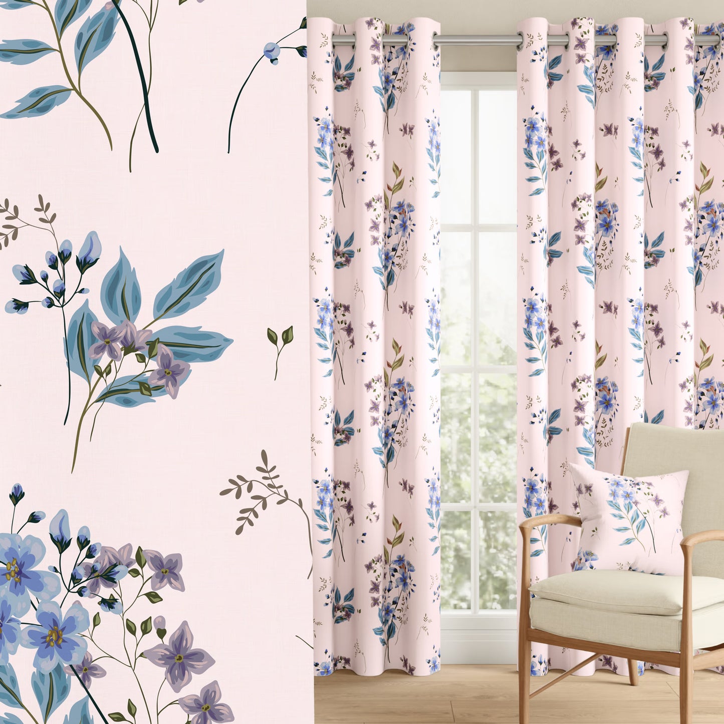 DFOLS Floral Blue Printed Curtains – Elegant Light Filtering Door Curtain Set