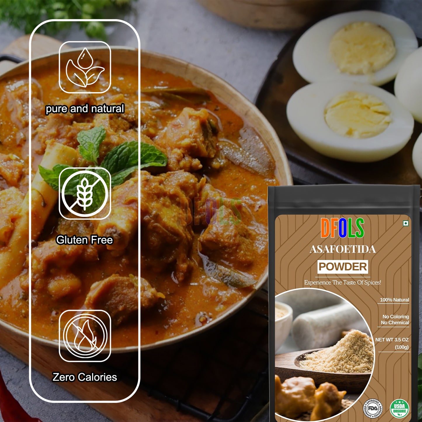 Organic & Natural Asafoetida (Hing) | Salt-Free, Vegan, Non-GMO Indian Spice | Best Onion-Garlic Substitute | Pure & Aromatic Cooking Spice - DFOLS