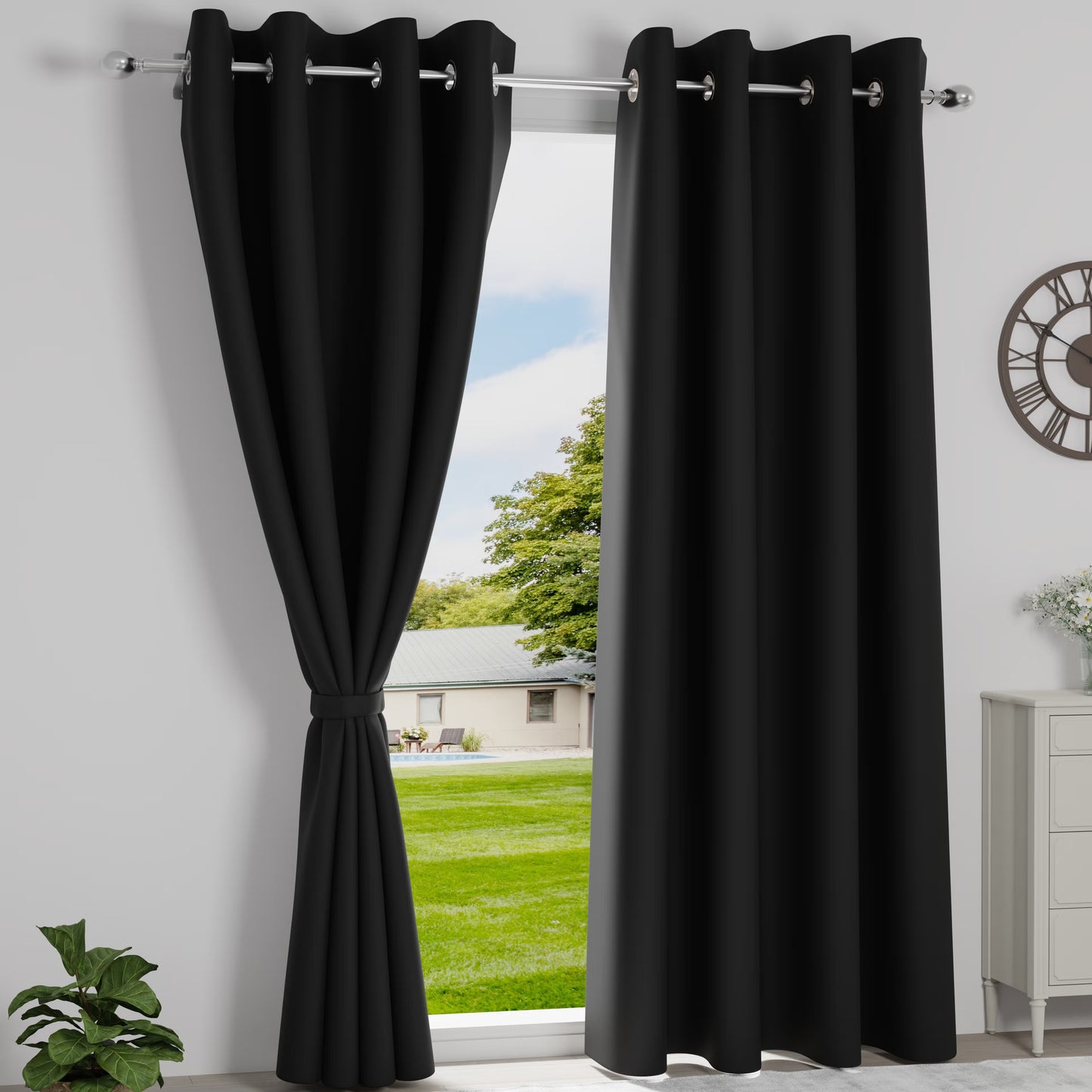 DFOLS Solid Black Triple Weave Blackout Curtains – 99% Light Blocking Door Curtain Set