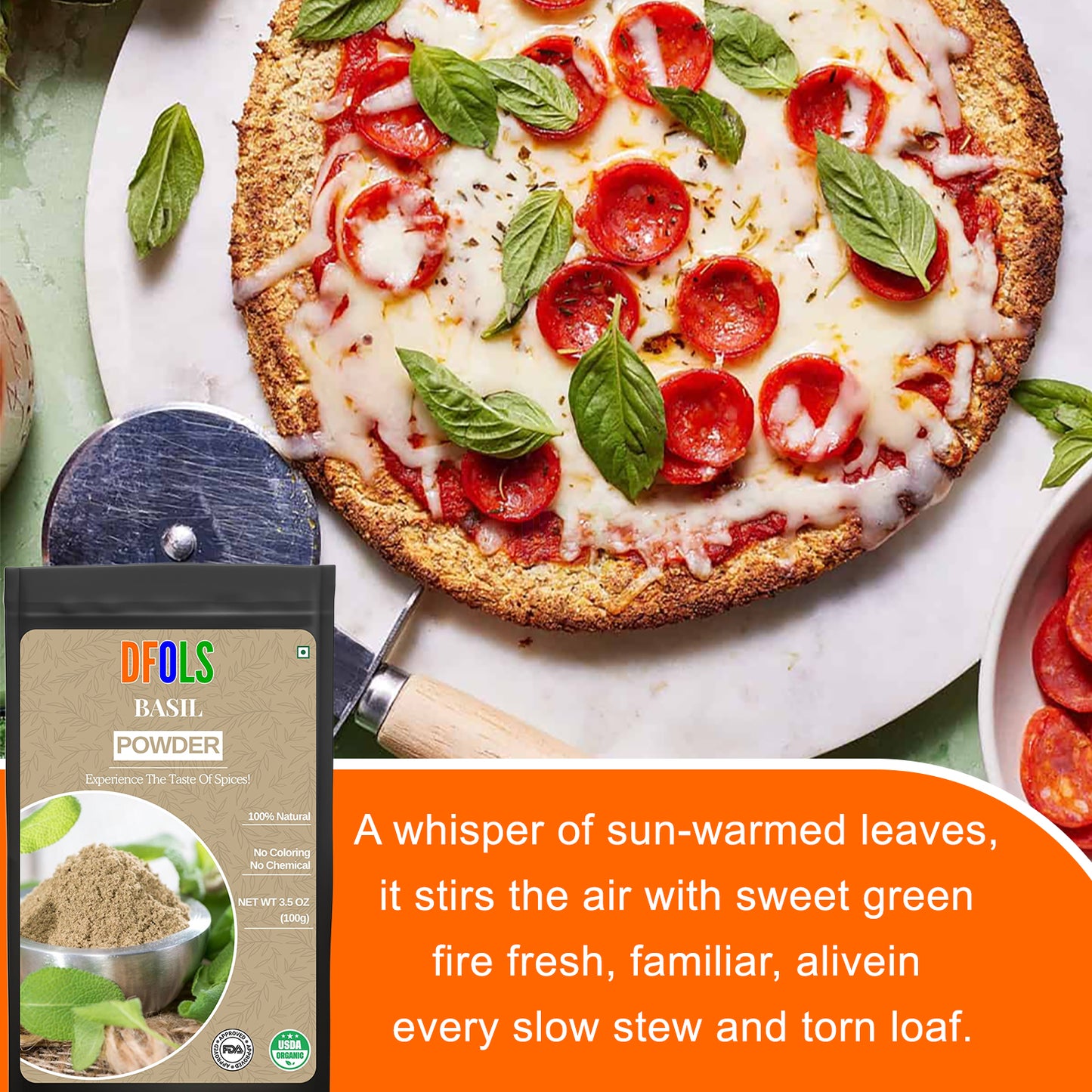 Basil Powder – Tulsi Leaf Powder | All-Natural Fresh Basil Leaves | Pure Mediterranean Seasoning | Vegan, Gluten-Free, Non-GMO | Aromatic Herbal Spice for Cooking & Wellness - DFOLS