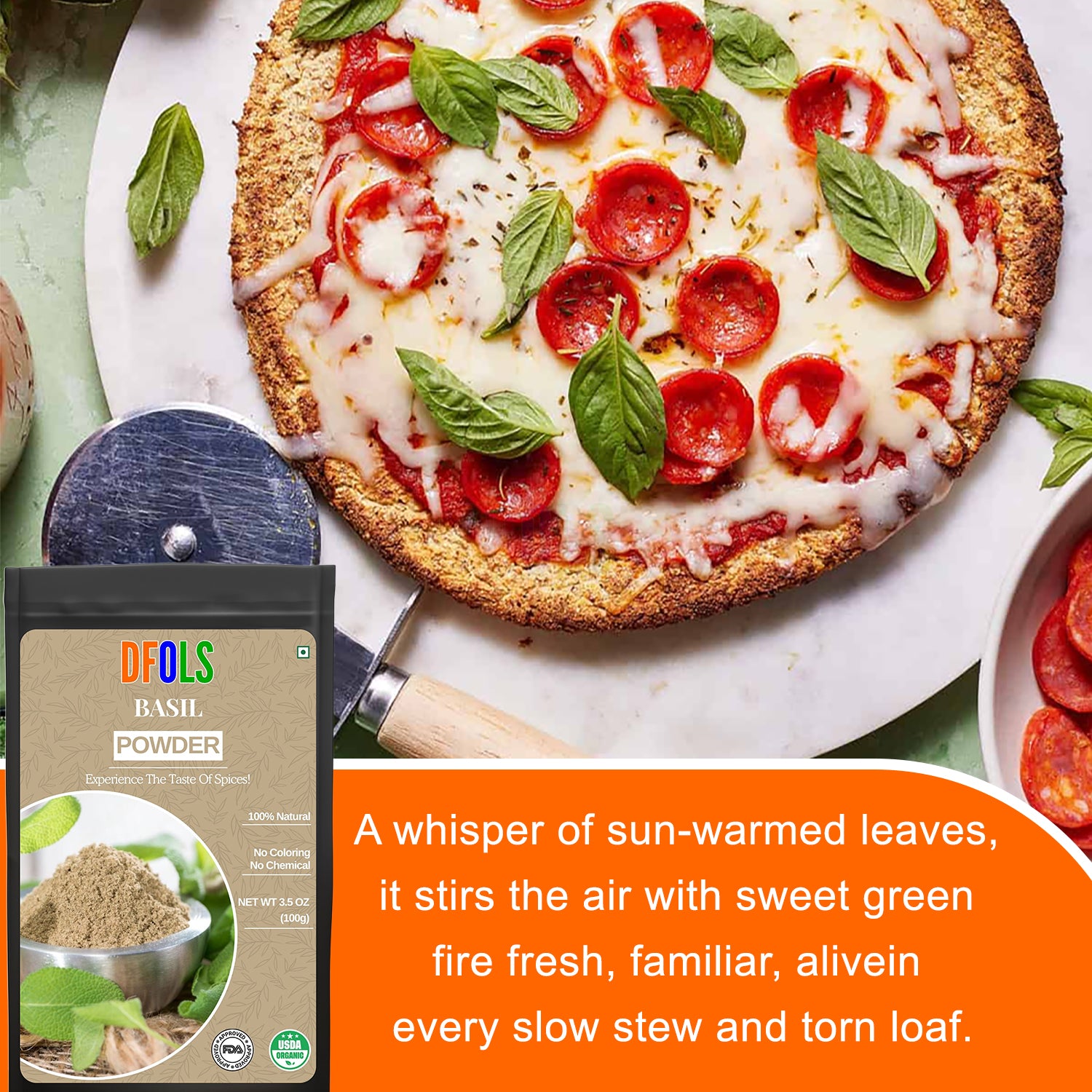 Basil Powder – Tulsi Leaf Powder | All-Natural Fresh Basil Leaves | Pure Mediterranean Seasoning | Vegan, Gluten-Free, Non-GMO | Aromatic Herbal Spice for Cooking & Wellness - DFOLS