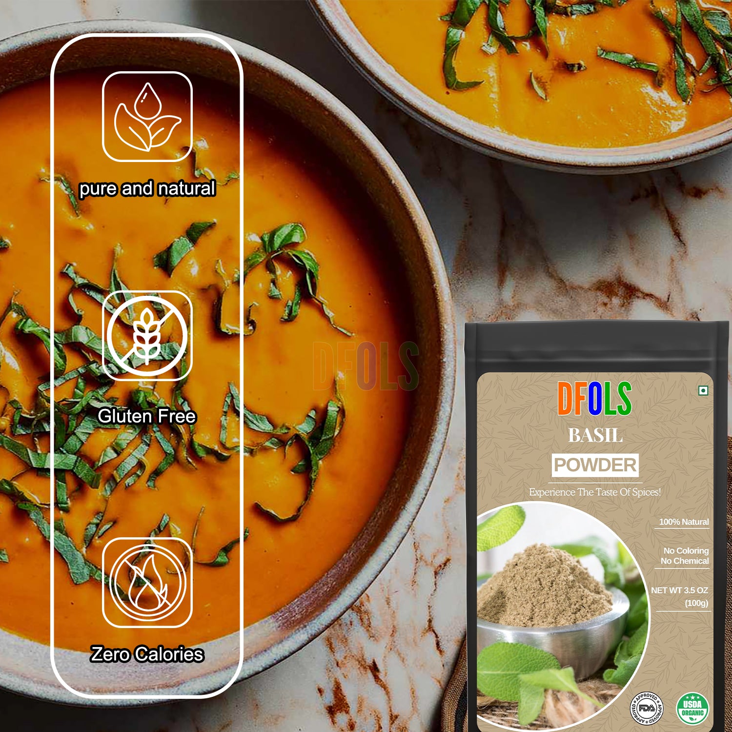 Basil Powder – Tulsi Leaf Powder | All-Natural Fresh Basil Leaves | Pure Mediterranean Seasoning | Vegan, Gluten-Free, Non-GMO | Aromatic Herbal Spice for Cooking & Wellness - DFOLS