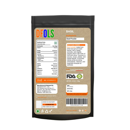 Basil Powder – Tulsi Leaf Powder | All-Natural Fresh Basil Leaves | Pure Mediterranean Seasoning | Vegan, Gluten-Free, Non-GMO | Aromatic Herbal Spice for Cooking & Wellness - DFOLS