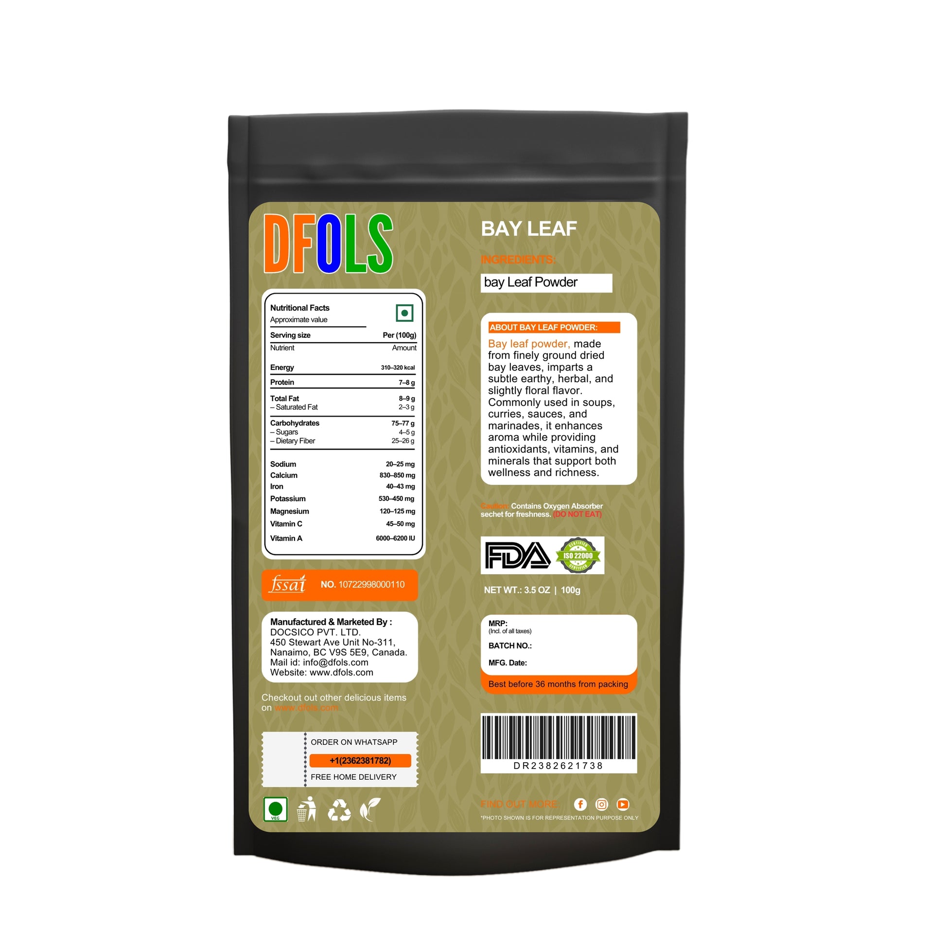 Premium Bay Leaf Powder | Rich Aroma & Flavor | Ideal for Curries, Stews, Soups, Biryani & Rice Preparations | Made from High-Quality Bay Leaves - DFOLS